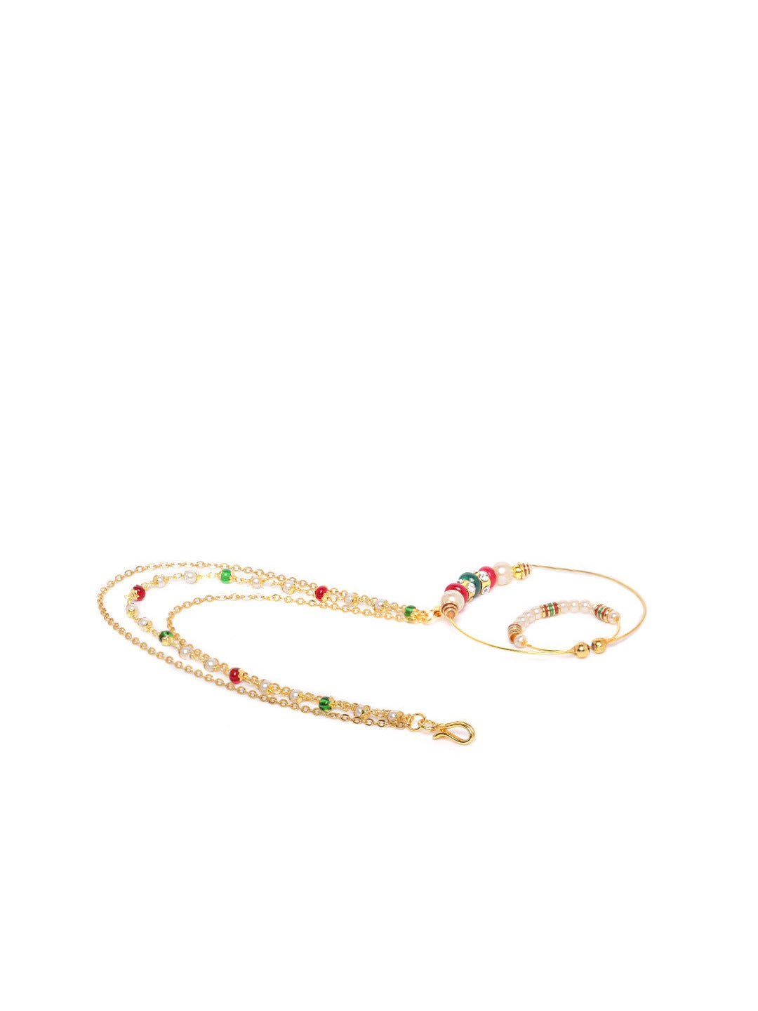 Maroon Gold-Plated CZ-Studded & Beaded Chained Nose Ring