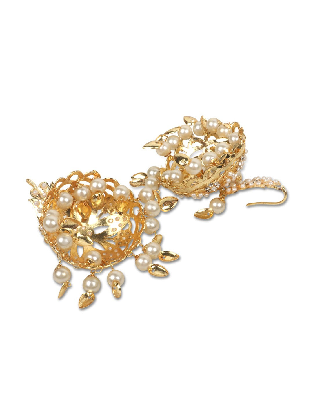 Gold-Plated White Pearl Beaded & Stone-Studded Jewellery Set