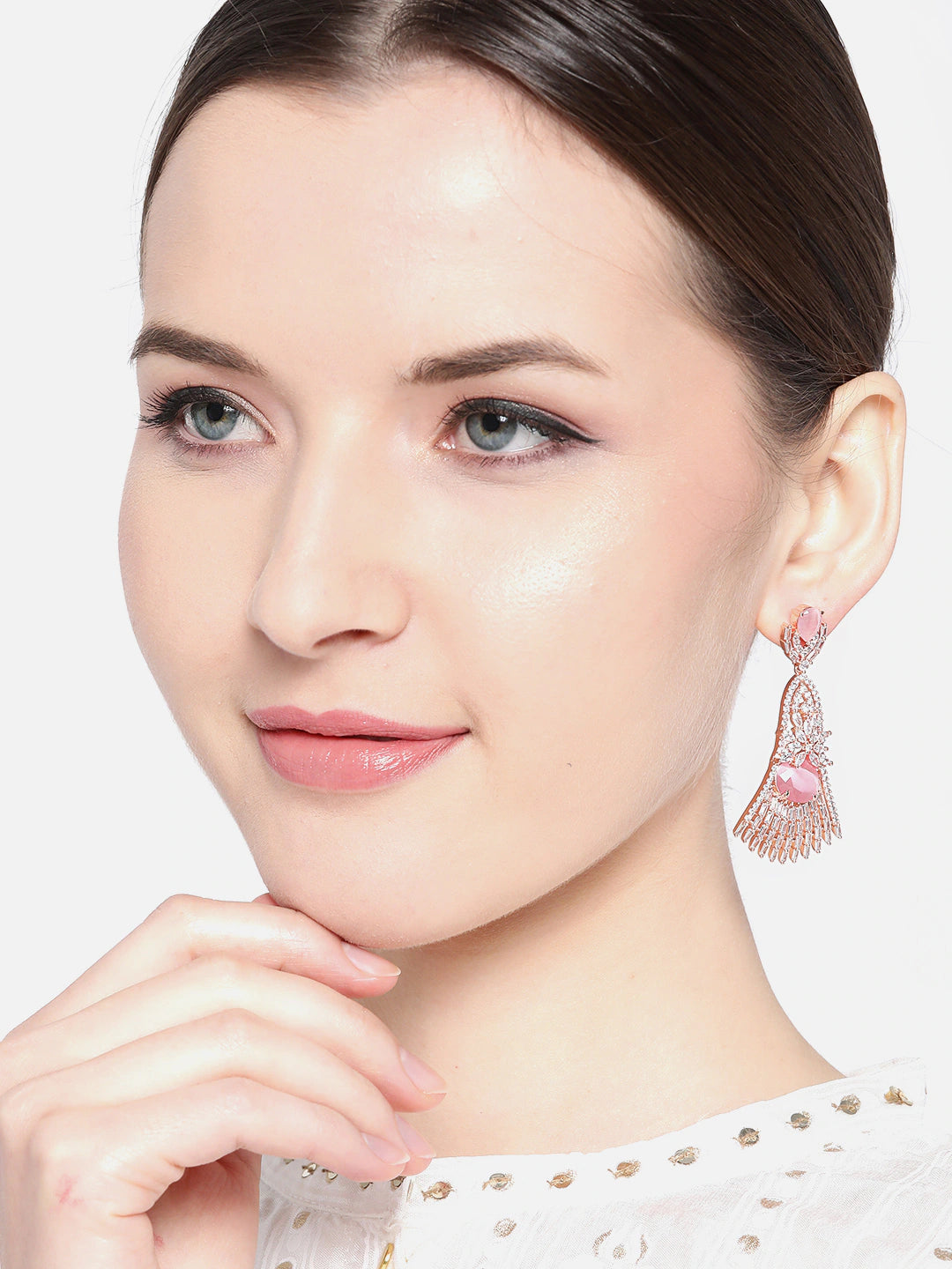 Pink Rose Gold-Plated AD Studded Handcrafted Contemporary Drop Earrings