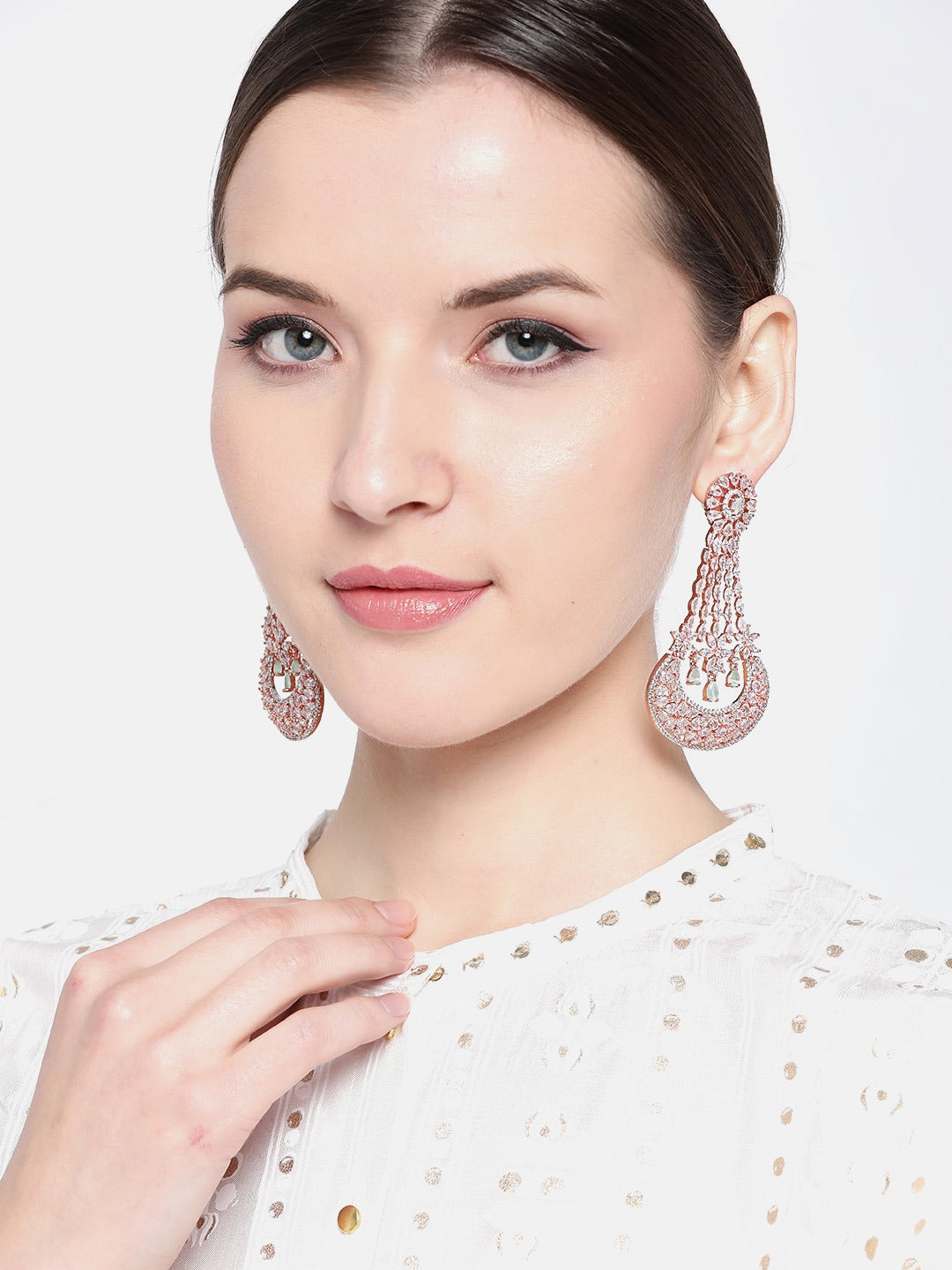 Sea Green Rose Gold-Plated Handcrafted AD-Studded Contemporary Drop Earrings
