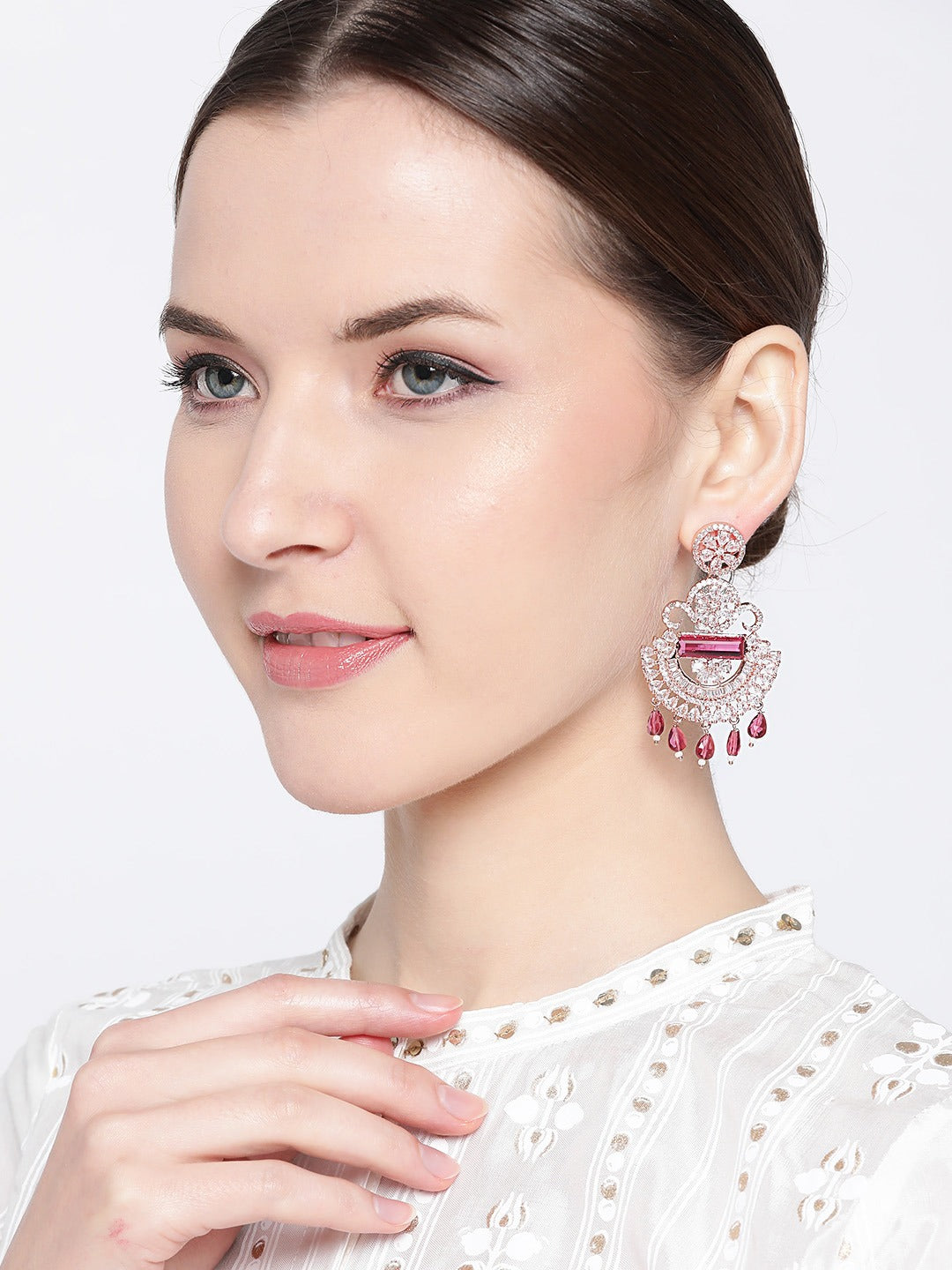 Maroon Rose Gold-Plated Handcrafted CZ-Studded Contemporary Drop Earrings
