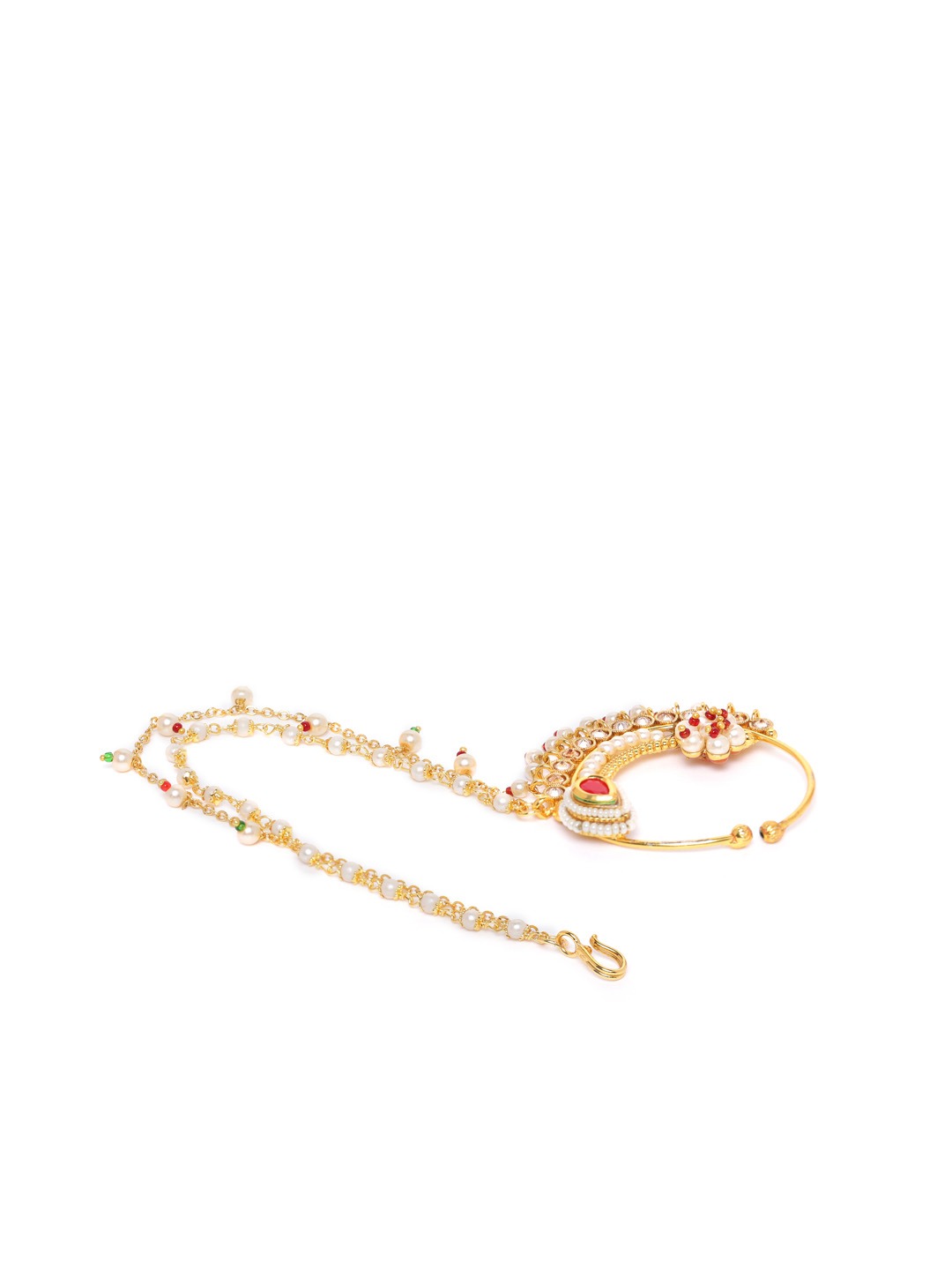 Red & Off-White Gold-Plated CZ-Studded & Beaded Chained Nose Ring