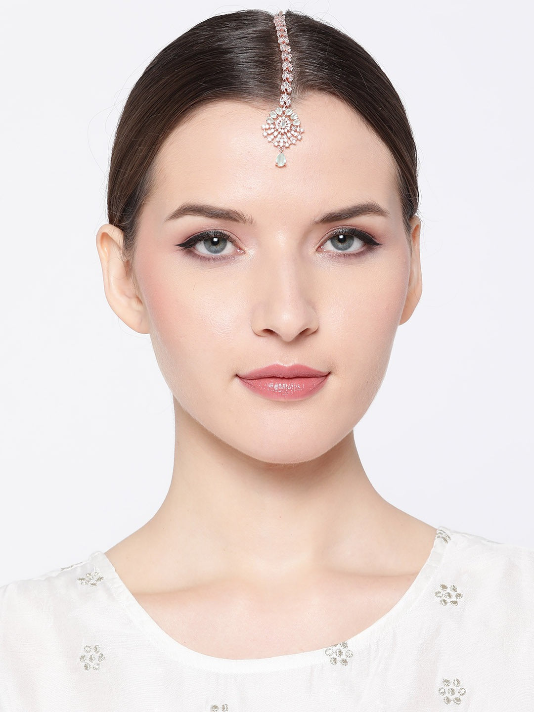 Sea Green Rose Gold-Plated CZ Stone-Studded Handcrafted Maang Tika