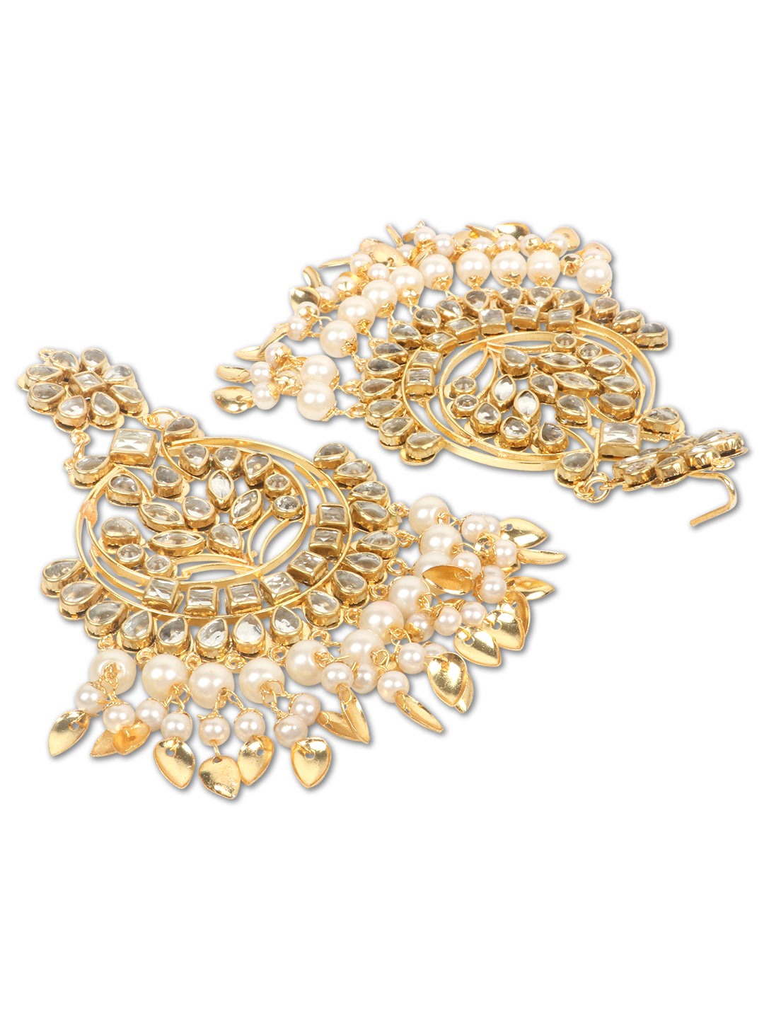 Gold-Plated White Kundan-Studded & Pearl Beaded Jadau Traditional Jewellery Set