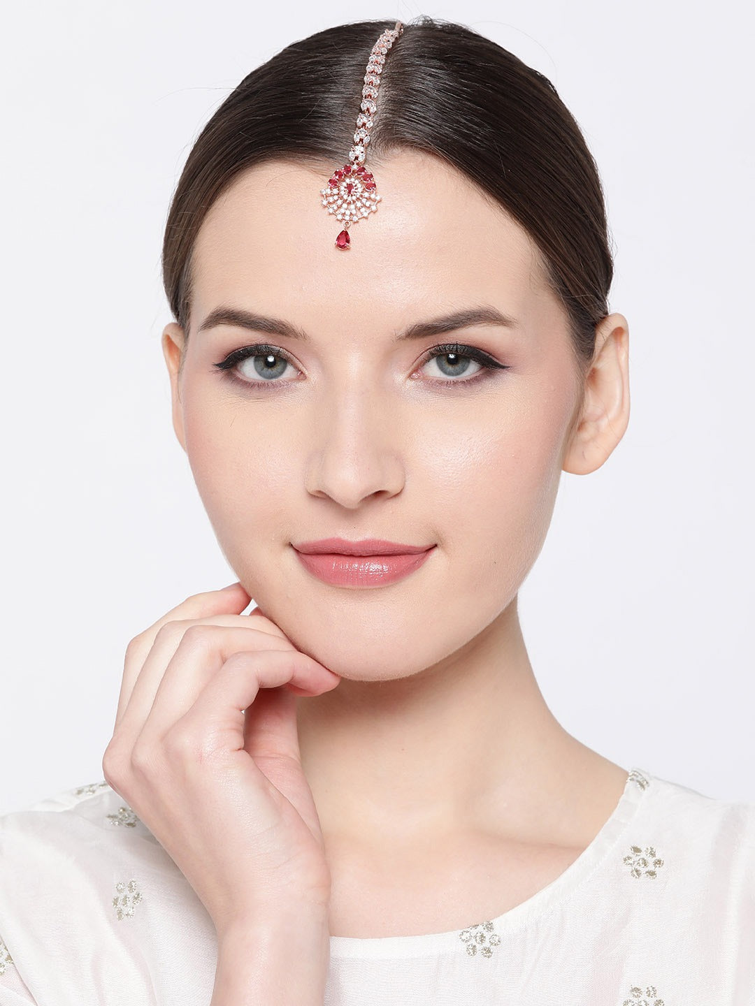 Magenta Rose Gold-Plated CZ Stone-Studded Handcrafted Maang Tika