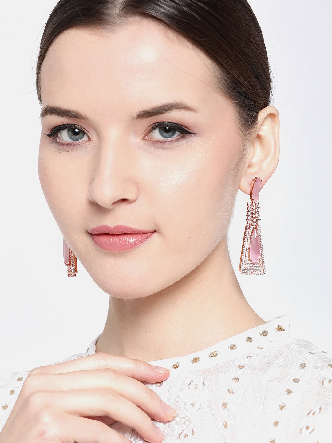 Pink Rose Gold-Plated AD Studded Handcrafted Drop Earrings