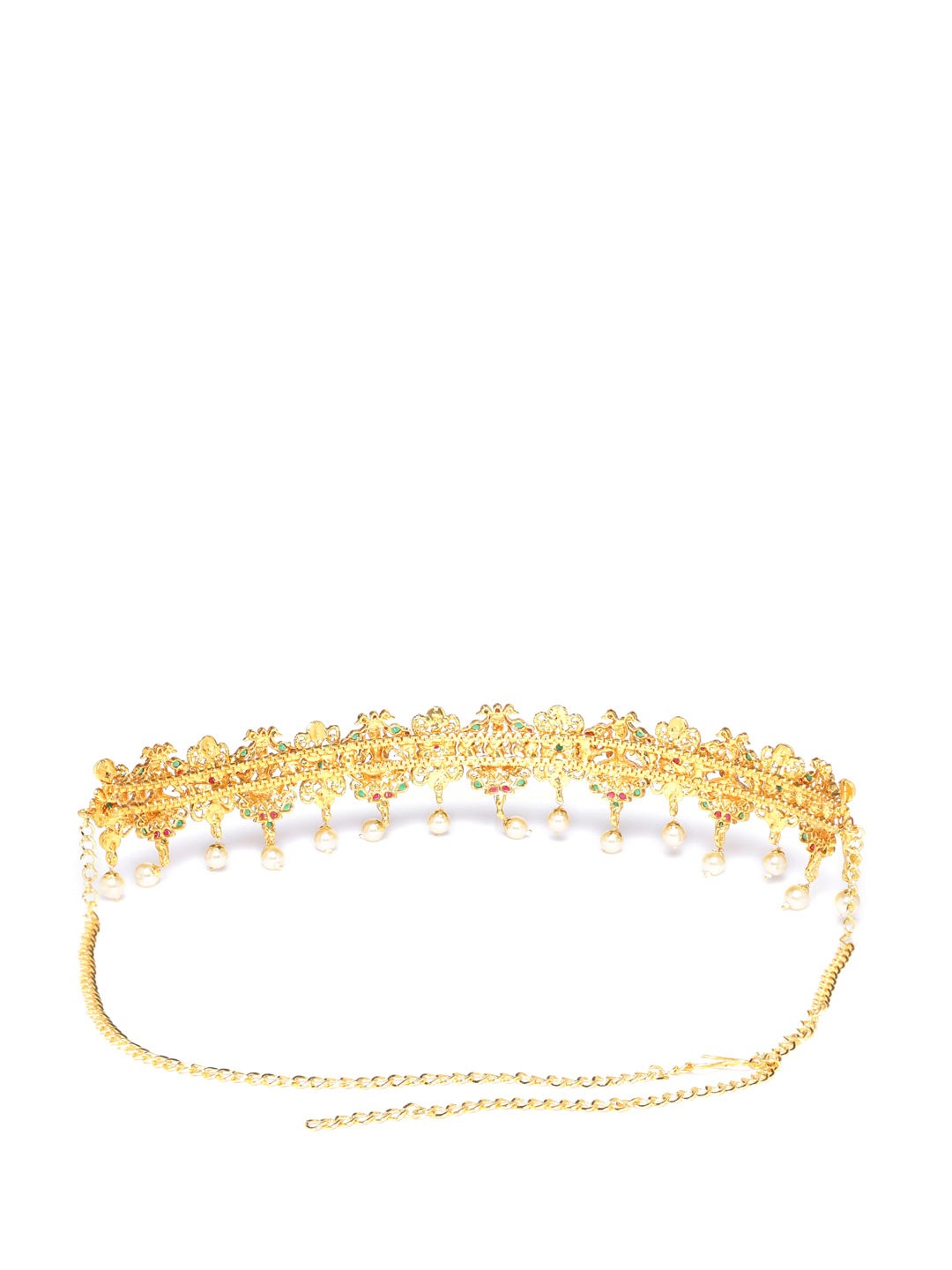 Magenta & Green Gold-Plated CZ-Studded & Beaded Temple Kamarbandh ( American Diamond , Gold , Magenta )
