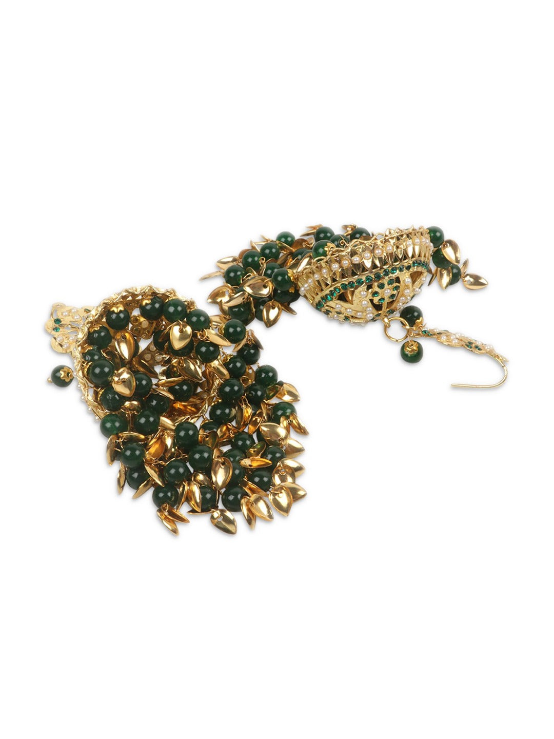 Gold-Plated Green & White Stone-Studded & Beaded Jadau Jewellery Set