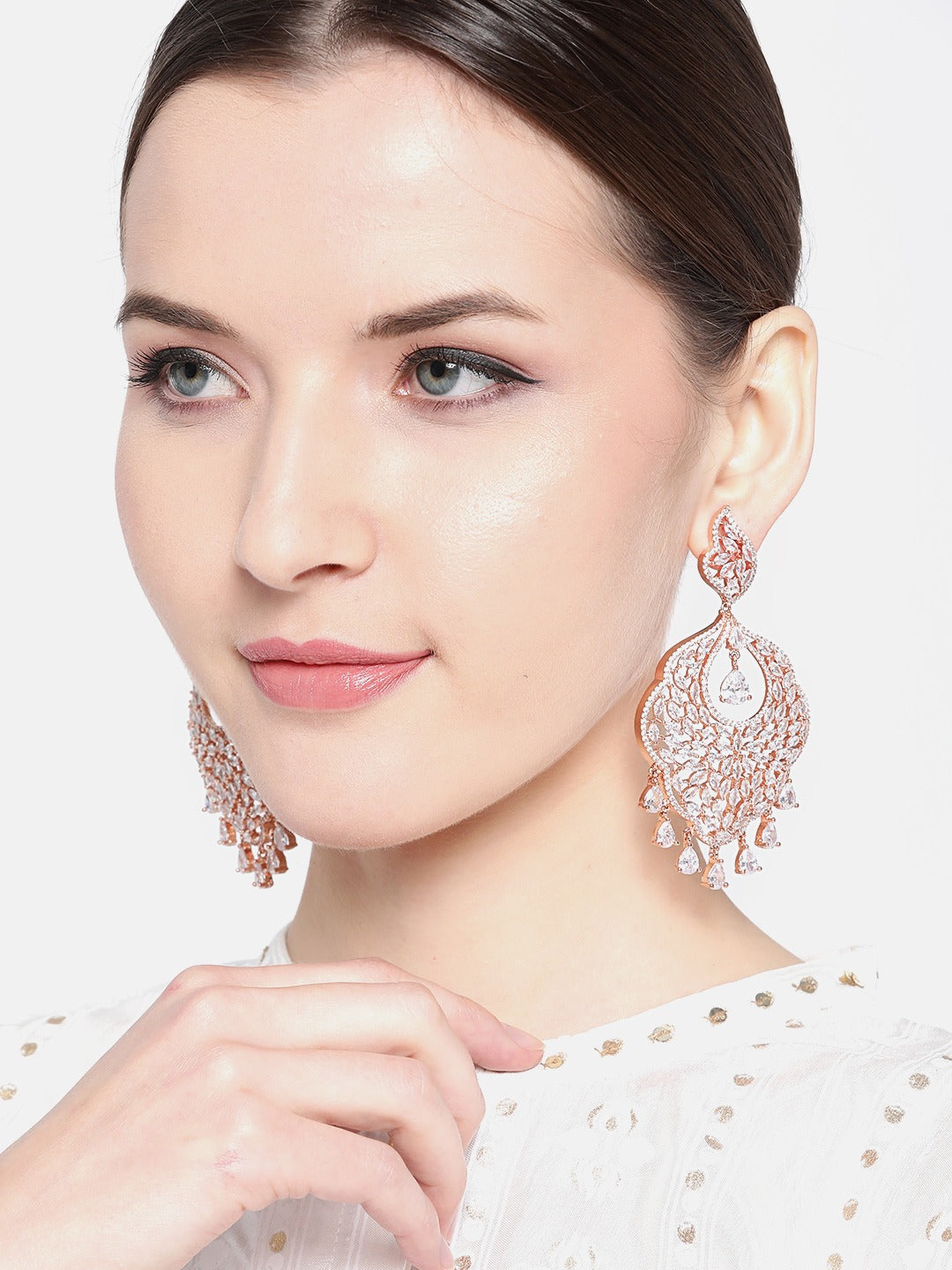 Rose Gold-Plated AD Studded Handcrafted Drop Earrings