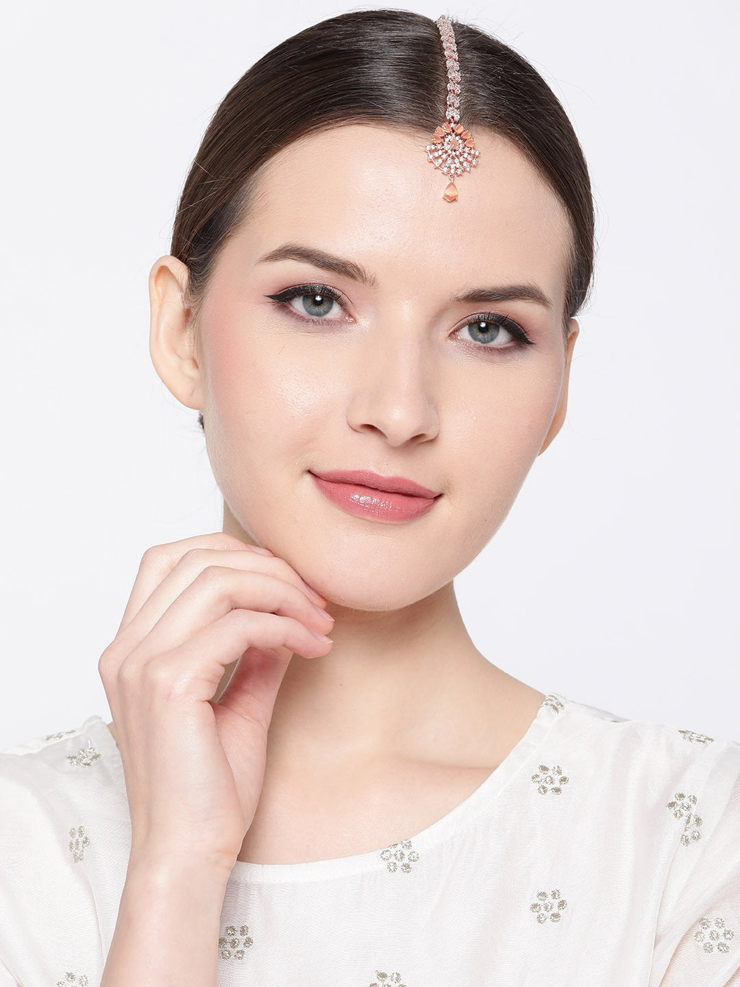 Peach-Coloured Rose Gold-Plated CZ Stone-Studded Handcrafted Maang Tika