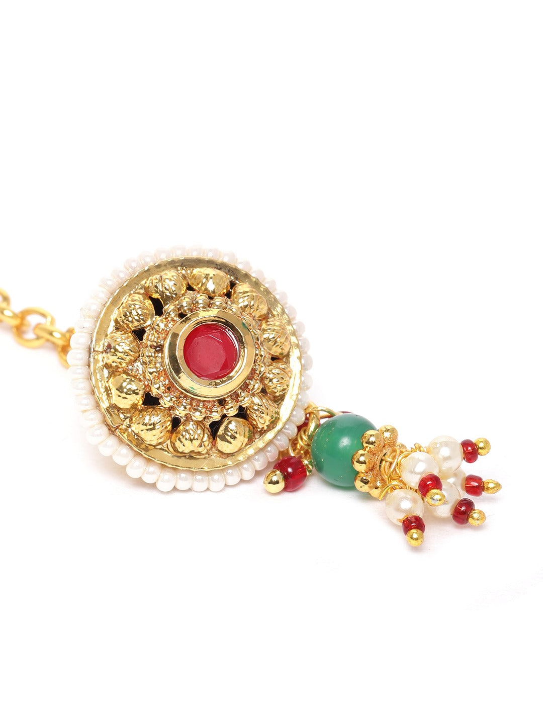 Red & Green Gold-Plated Kundan-Studded & Beaded Borla Maang Tika