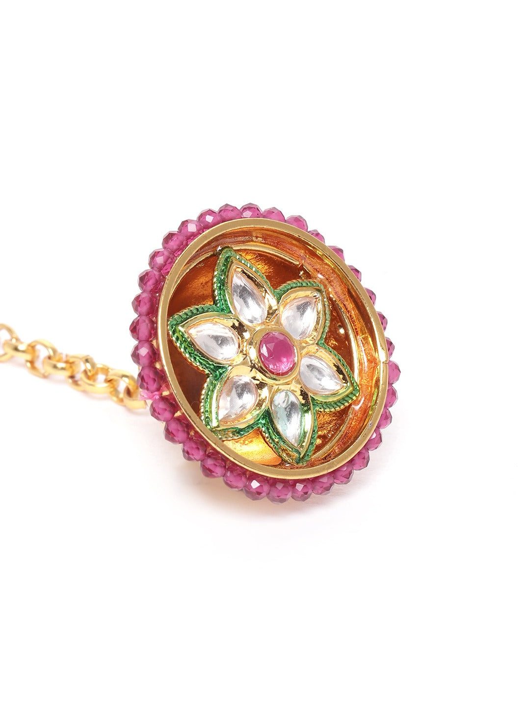 Pink & Green Gold-Plated Kundan Studded Borla Maang Tikka