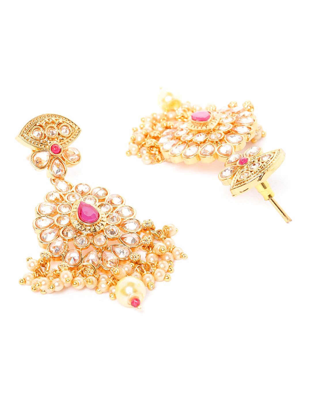 Jewels Gehna Pink Gold Plated Stone Studded & Beaded Jewellery Set ( American Diamond , Gold , Pink )