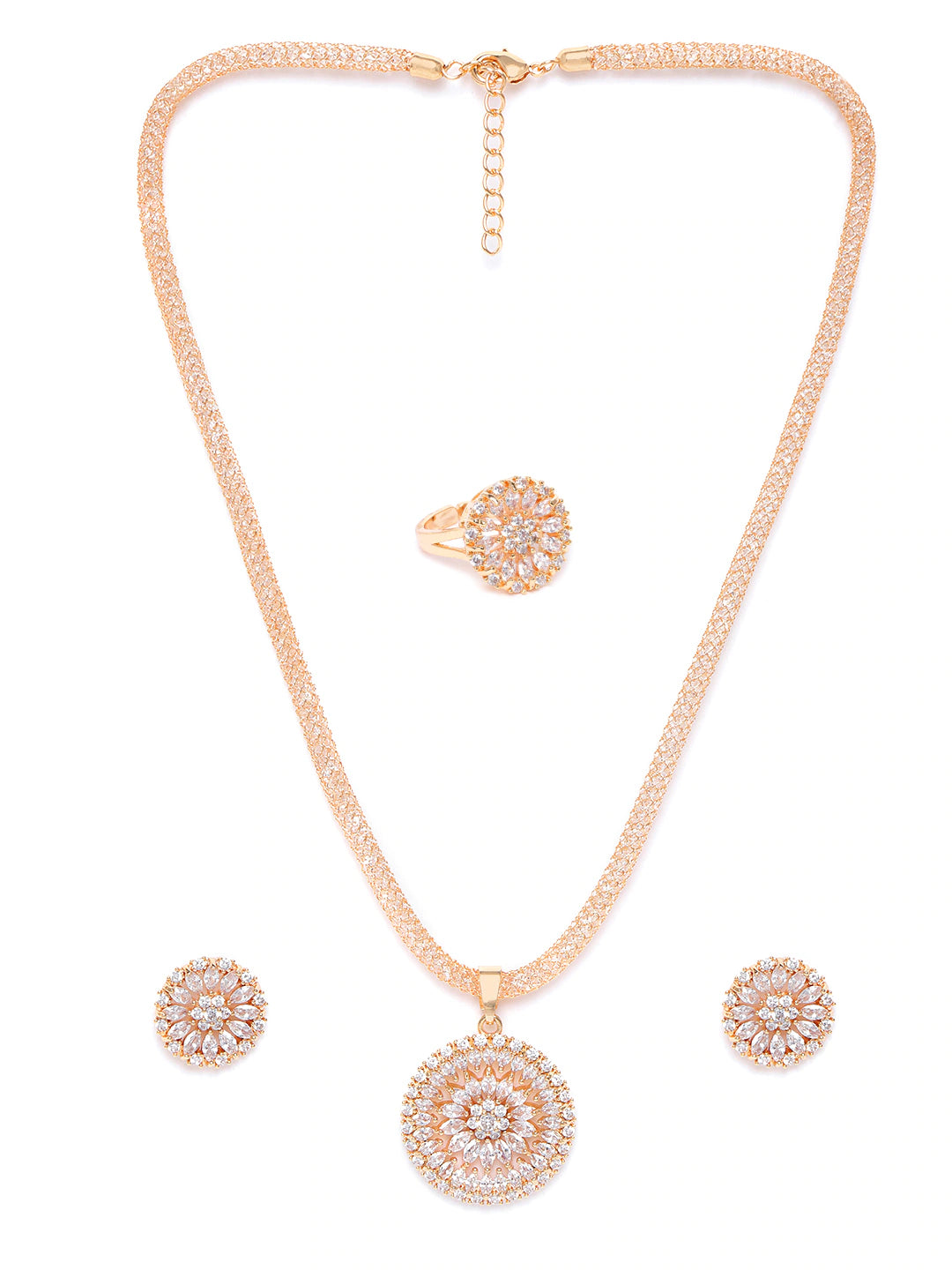 Gold-Plated American Diamond-Studded Floral Shaped Jewellery Set