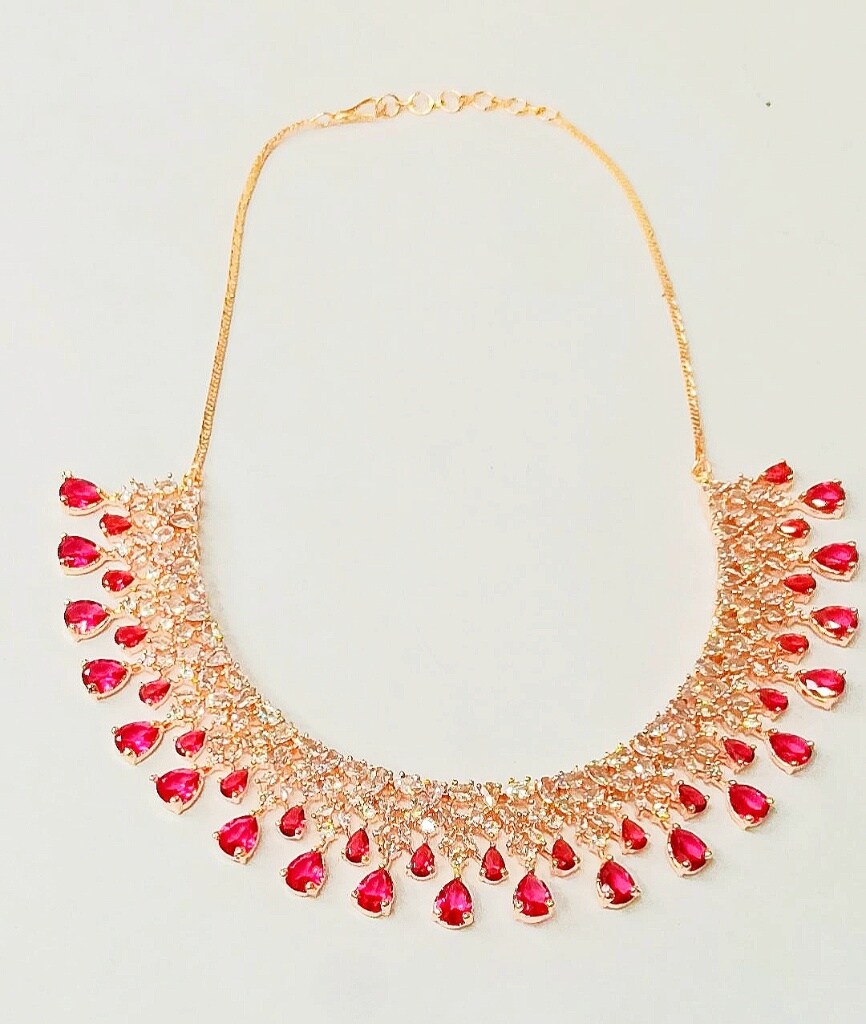 Ruby Color Rose Gold Plated American Diamond Necklace Set