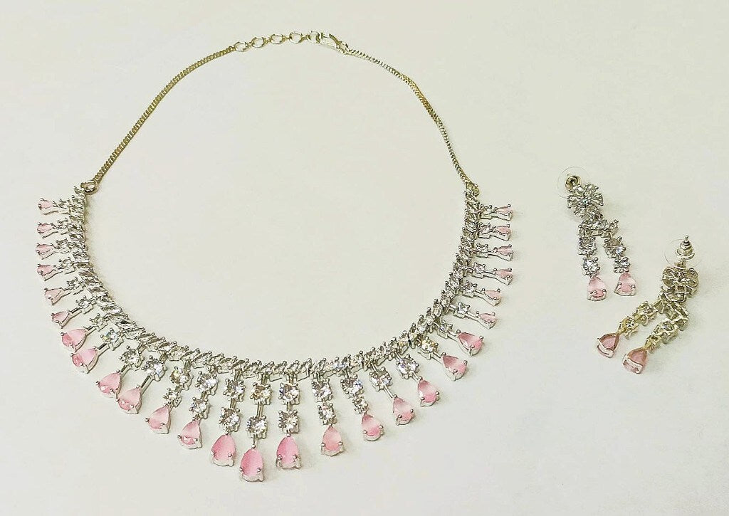 Pink Drops Studded Silver Plated Designer American Diamond Necklace Set