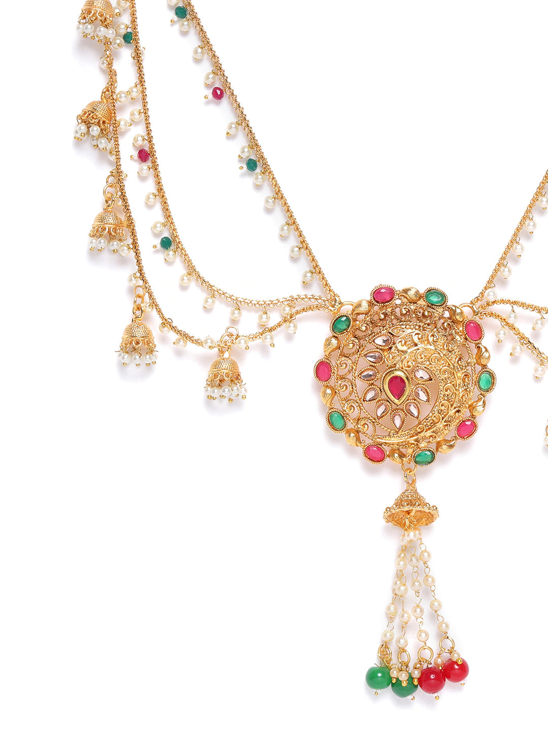 Off-White & Green Gold-Plated CZ Studded & Beaded Handcrafted Kamarbandh ( American Diamond , Gold , Off White )