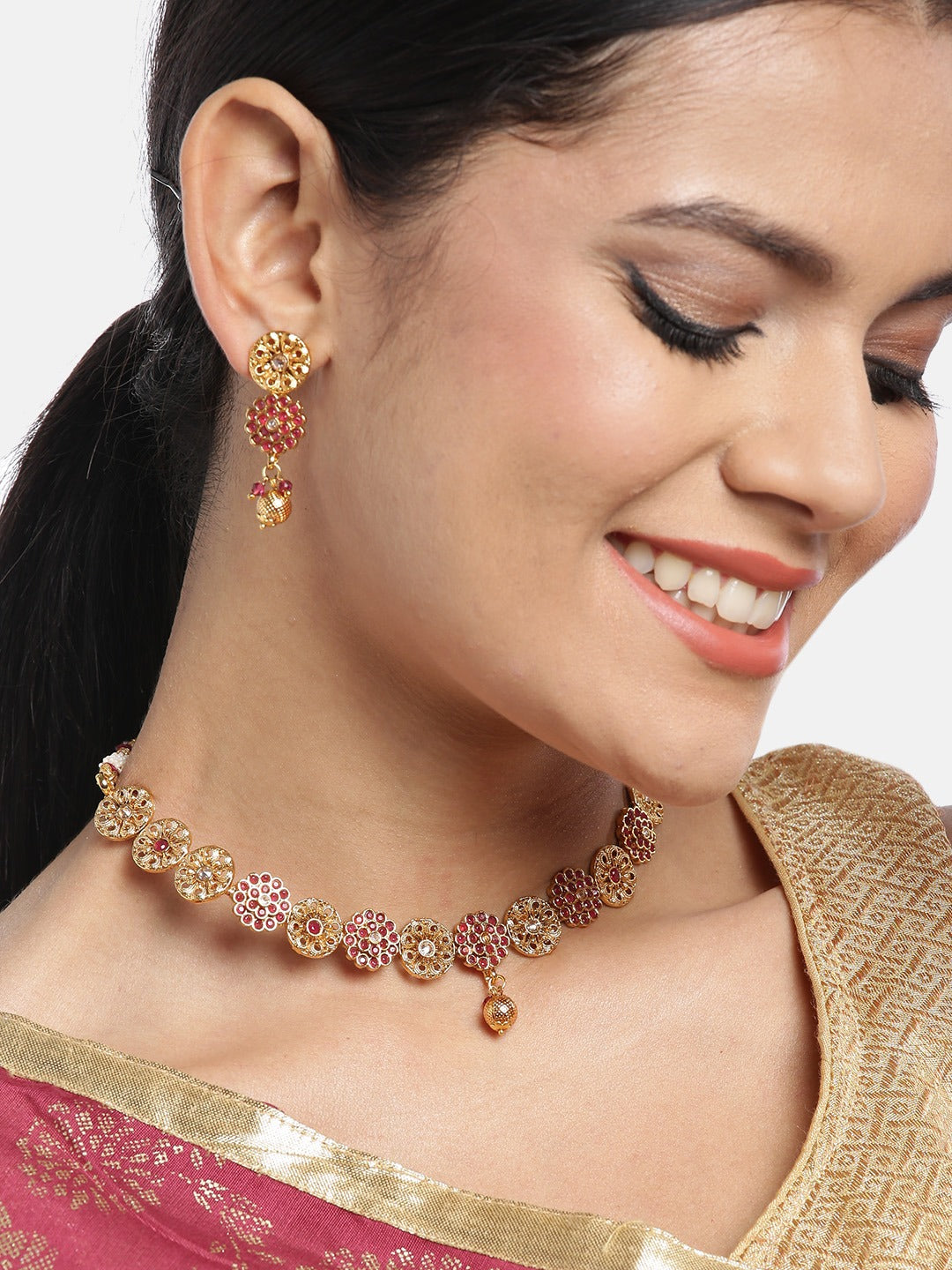 Pink Gold-Plated Stone Studded Handcrafted Jewellery Set