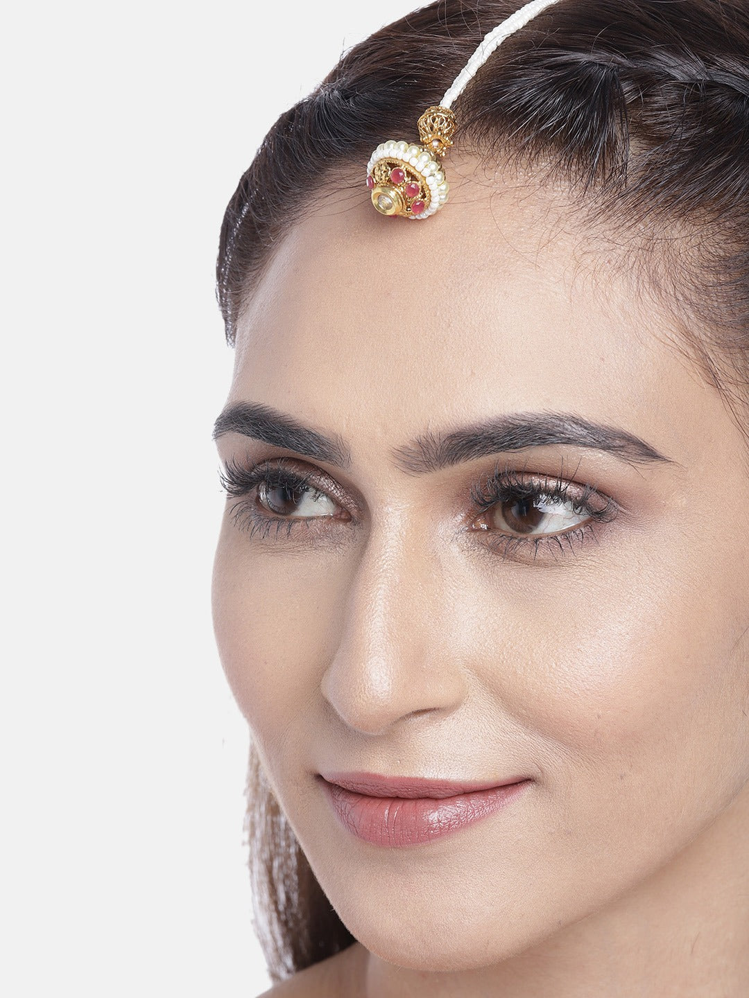 Magenta & Off-White Gold-Plated Kundan-Studded & Beaded Borla Maang Tika