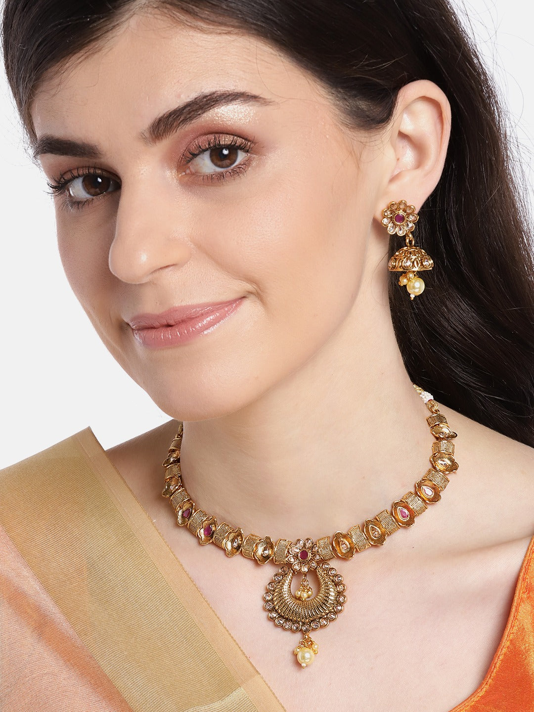 Magenta Antique Gold-Plated CZ-Studded & Beaded Handcrafted Jewellery Set