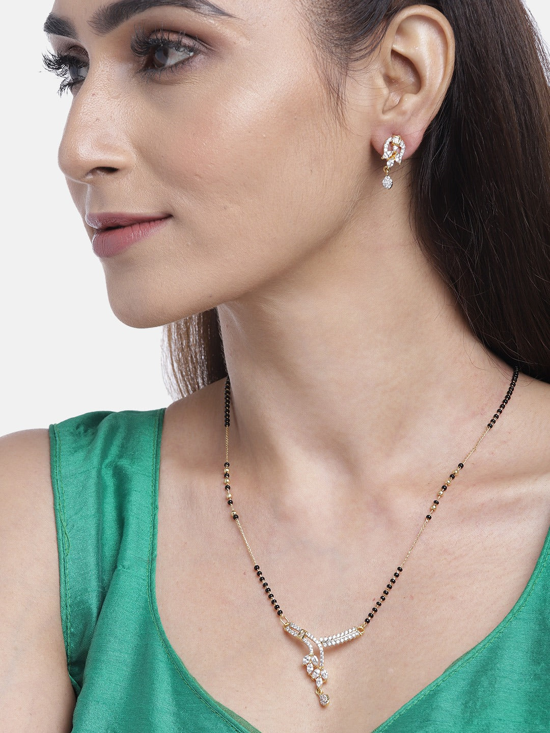 Black Gold-Plated AD-Studded & Beaded Mangalsutra & Earrings Set