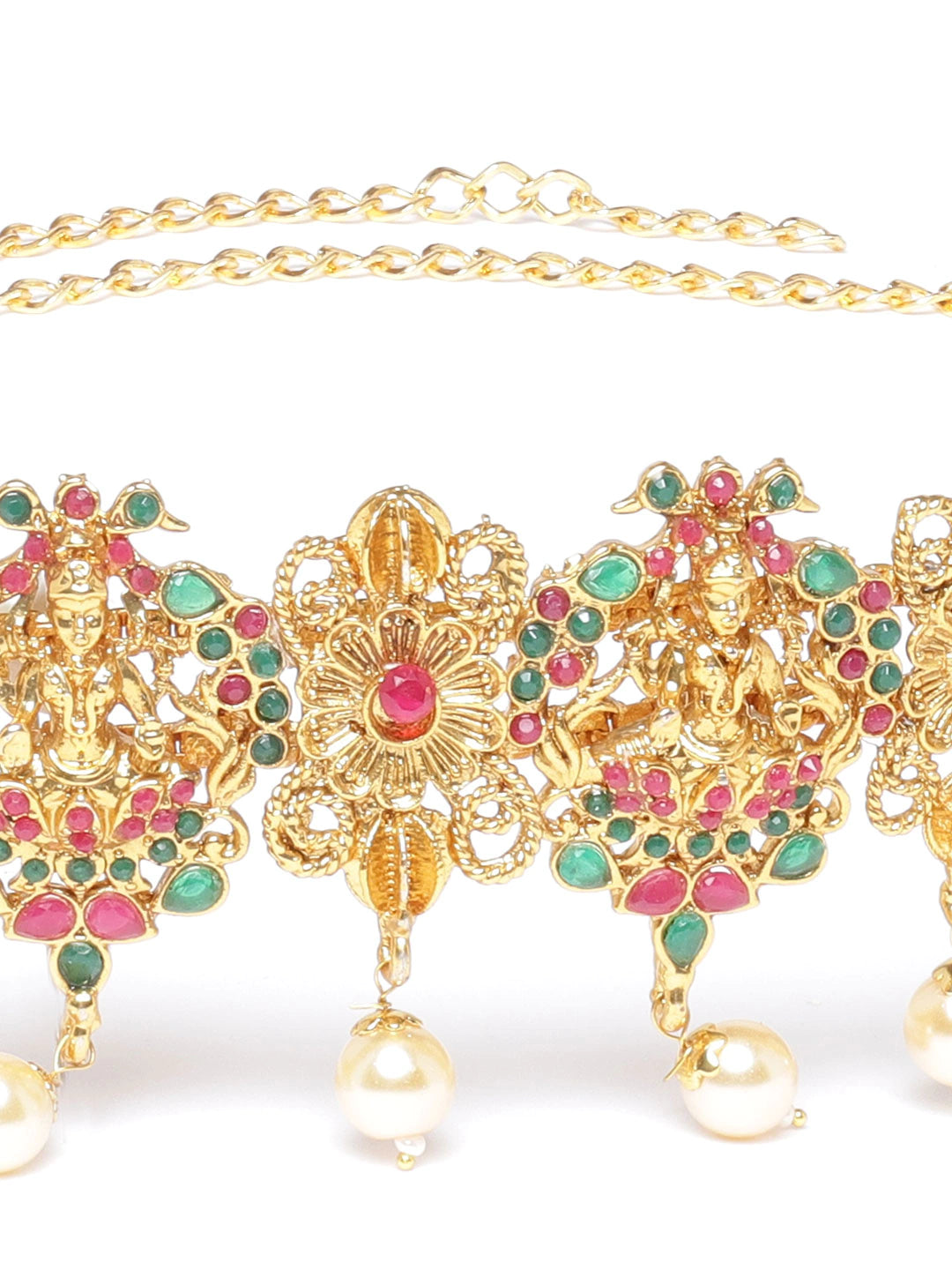 Magenta & Green Gold-Plated CZ-Studded & Beaded Temple Kamarbandh ( American Diamond , Gold , Magenta )
