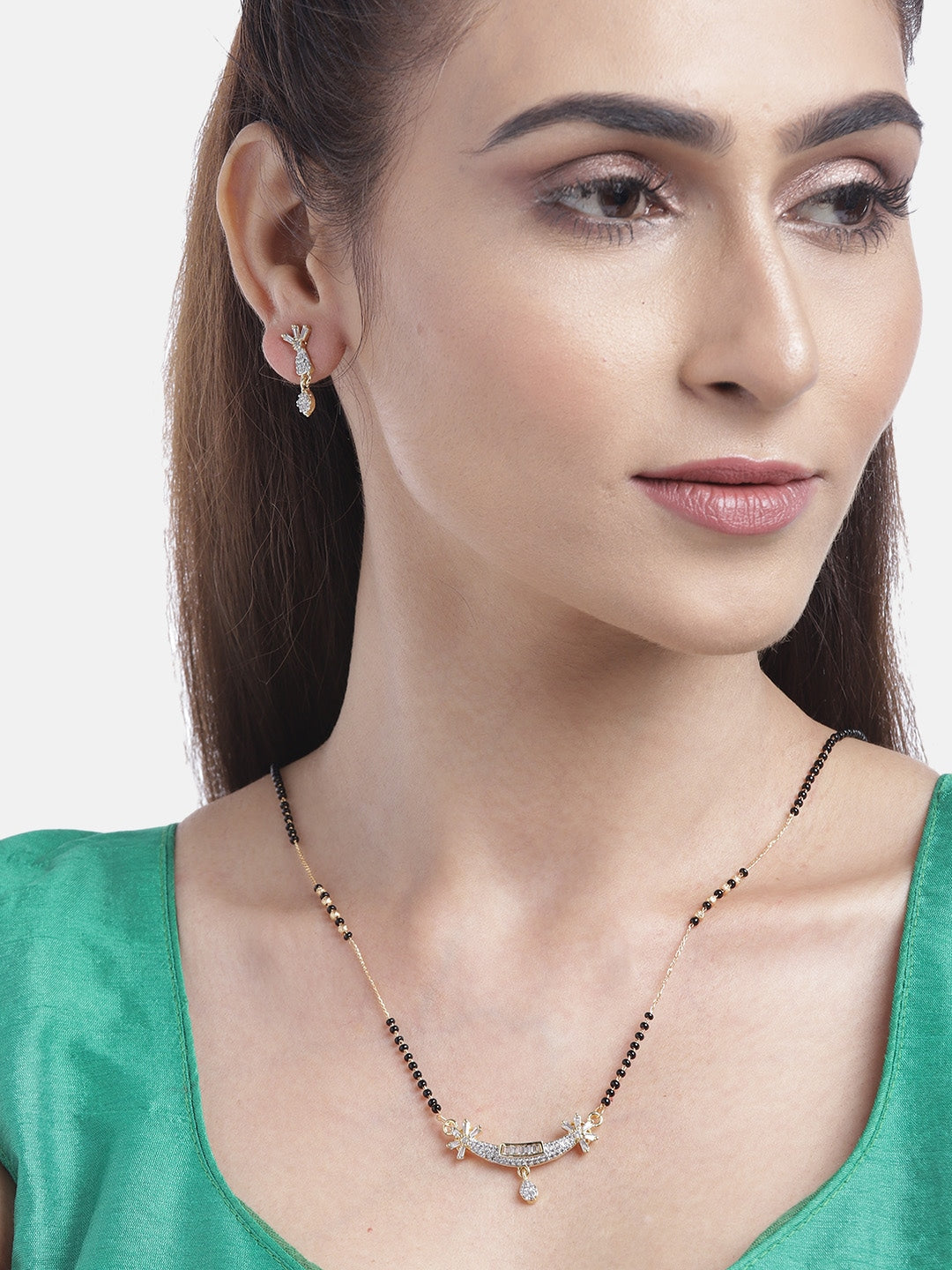 Gold-Plated AD Stone-Studded & Beaded Mangalsutra