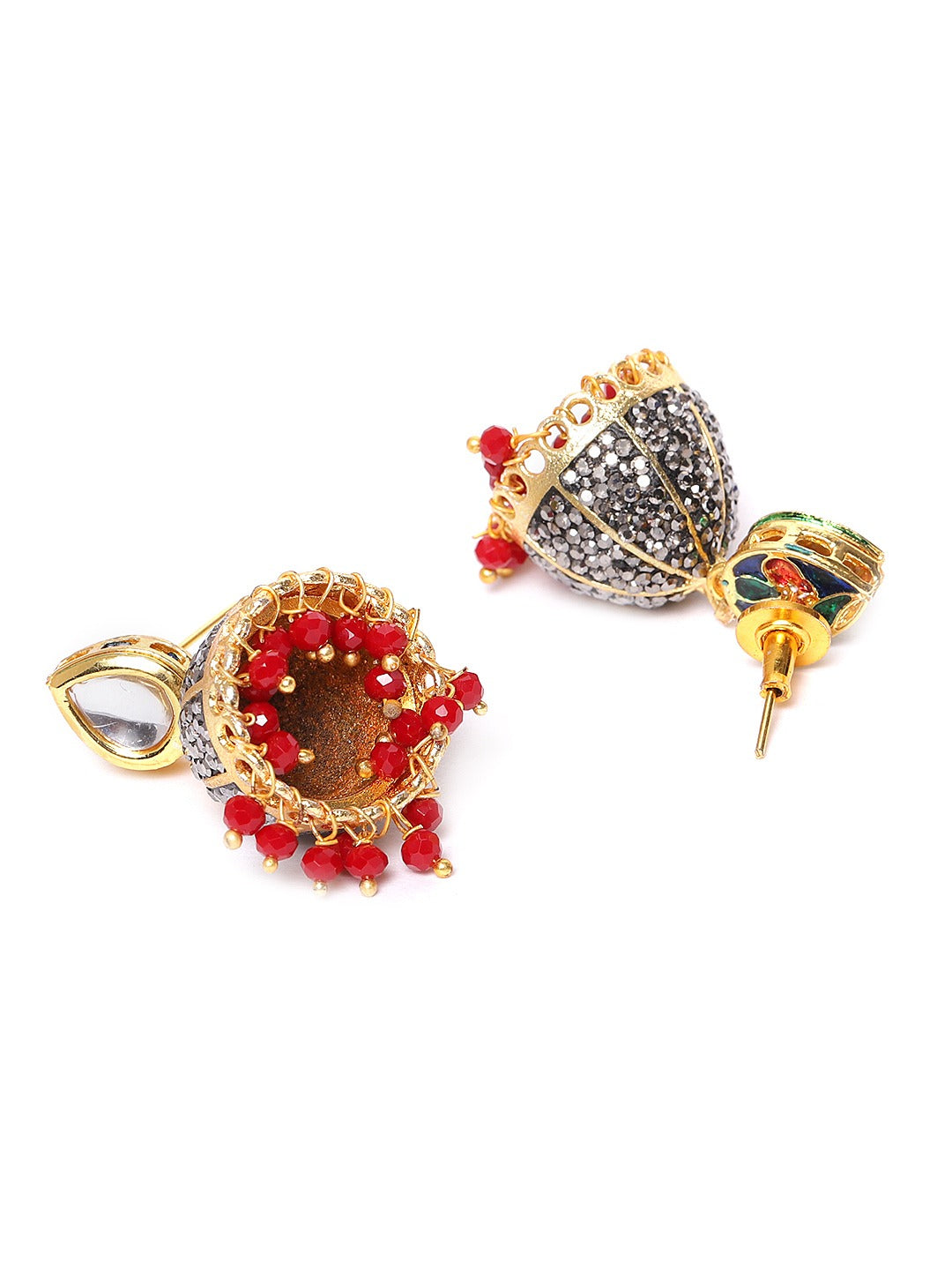 Red & Gunmetal-Toned Gold-Plated Stone-Studded Handcrafted Jewellery Set
