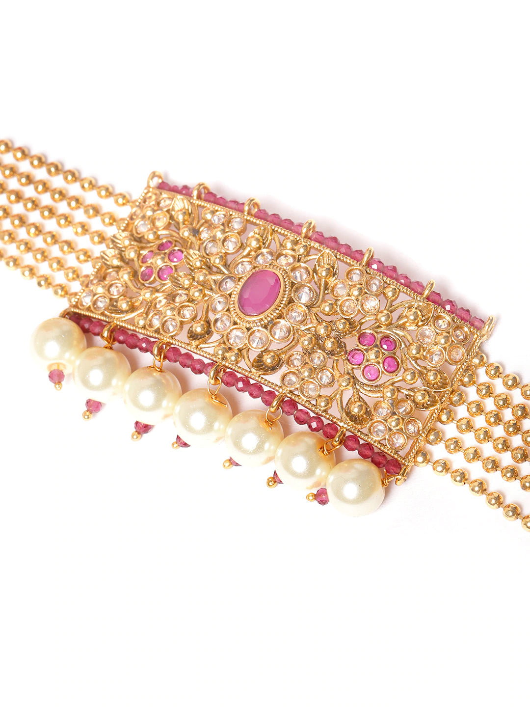 Maroon Gold-Plated Stone Studded & Beaded Handcrafted Jewellery Set