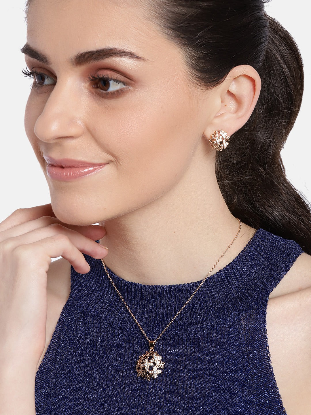 Rose Gold-Plated Handcrafted AD Stone-Studded Jewellery Set