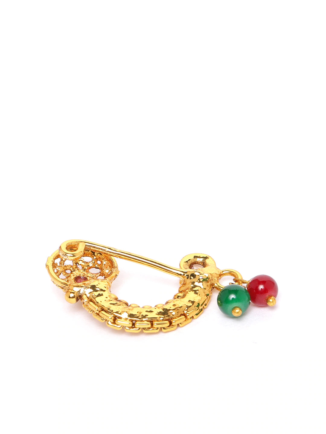 Maroon Antique Gold-Plated CZ-Studded & Beaded Maharashtrian Nose Pin