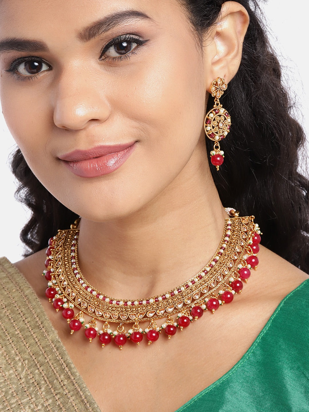 Red Gold-Plated CZ-Studded & Artificial Beaded Handcrafted Jewellery Set