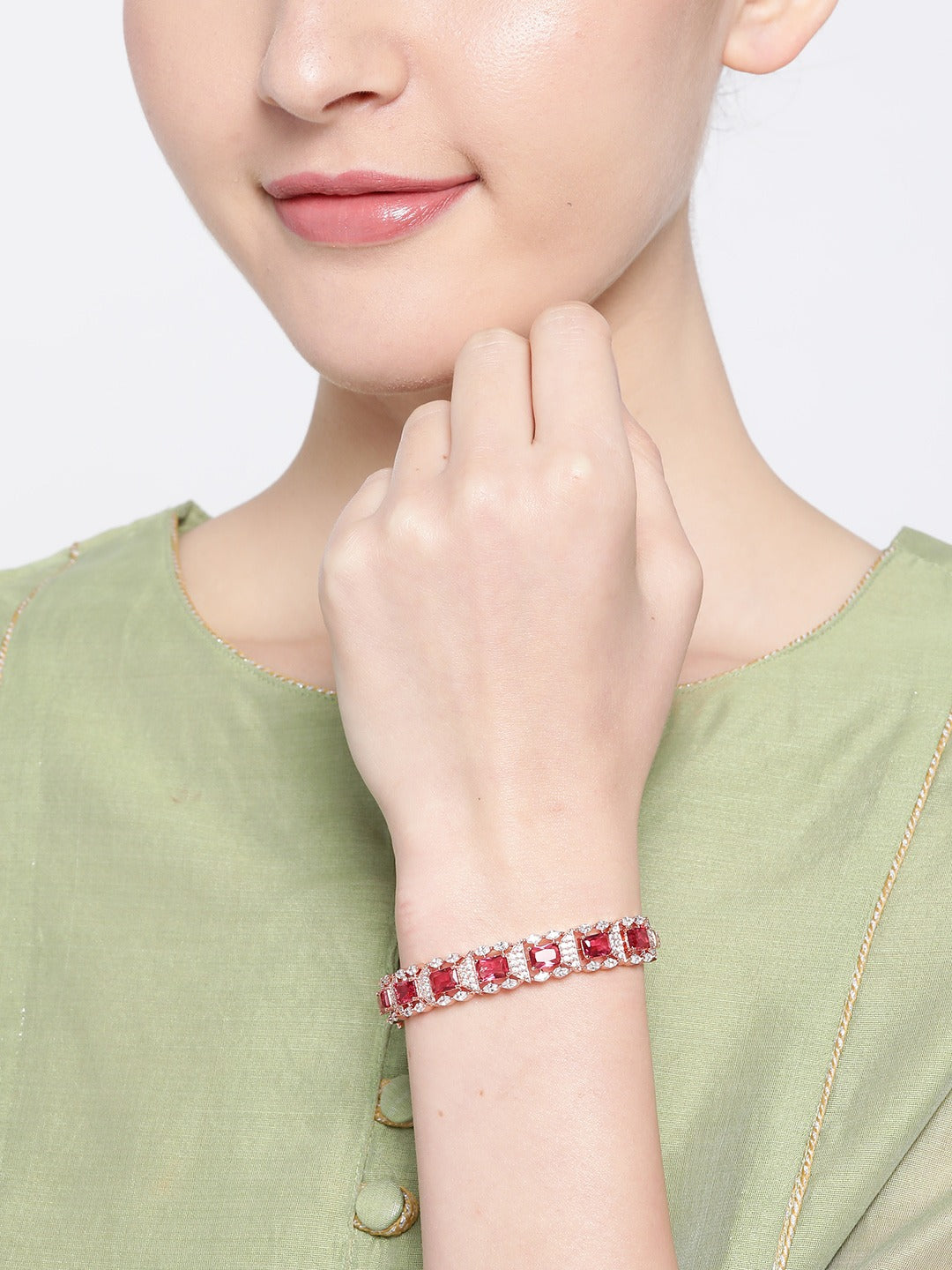 Magenta Rose Gold-Plated AD-Studded Handcrafted Bangle-Style Bracelet