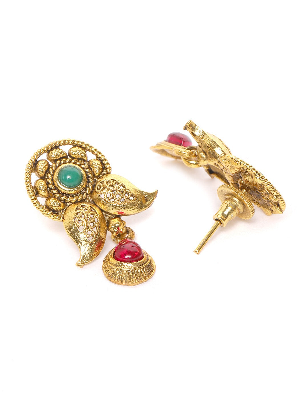 Red & Green Gold-Plated Stone Studded & Beaded Handcrafted Jewellery Set