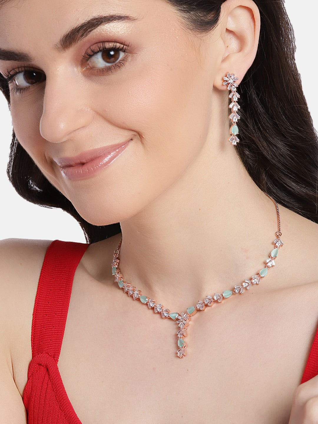 Sea Green Rose Gold Plated AD Studded Handcrafted Traditional Necklace Set ( American Diamond , Rose Gold , Sea Green )