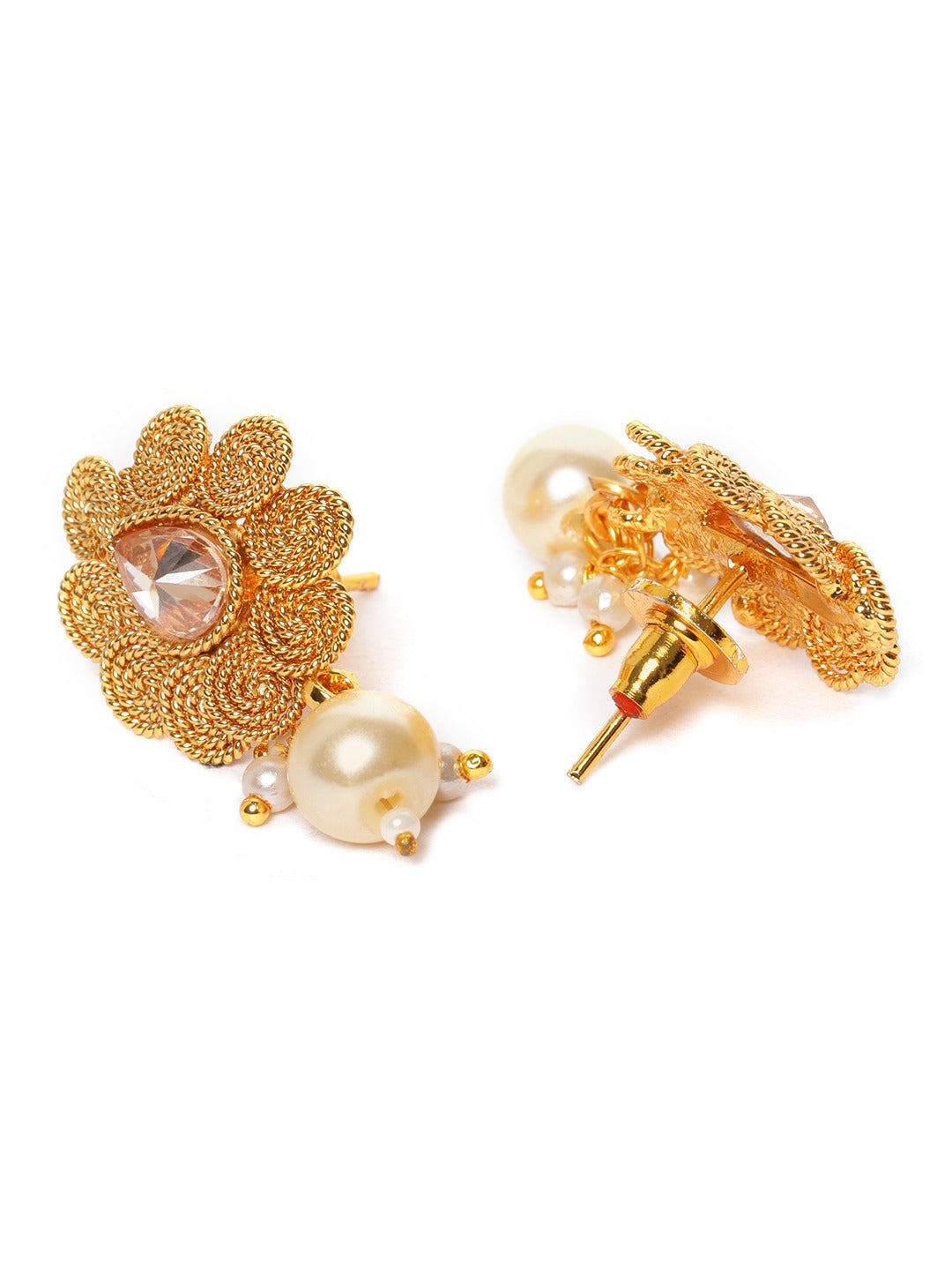Off-White Gold-Plated Handcrafted Stone-Studded Beaded Jewellery Set ( American Diamond , Gold , Off White )