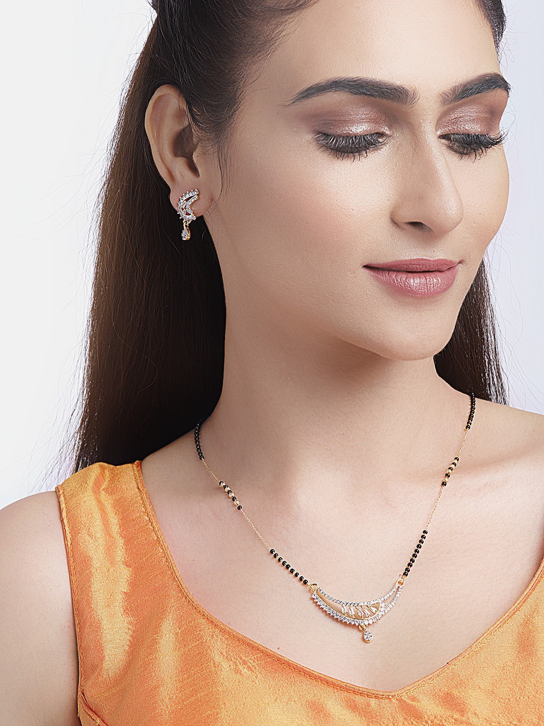 Black Gold-Plated AD-Studded & Beaded Mangalsutra Set