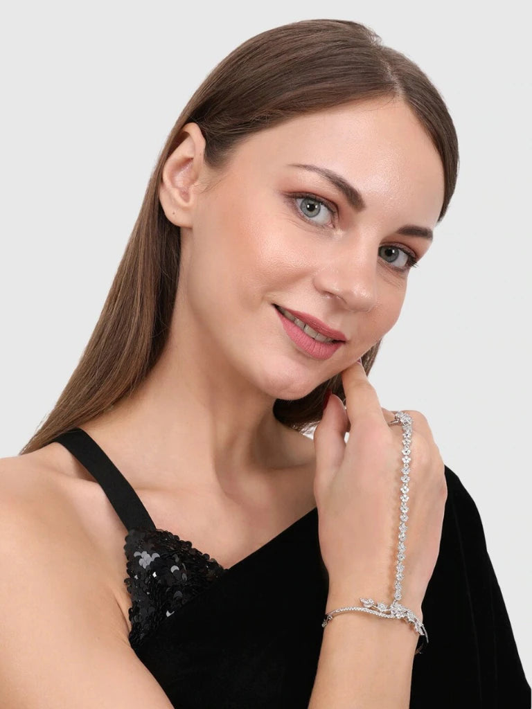 Women Silver-Toned & White American Diamond Handcrafted Silver-Plated Ring Bracelet