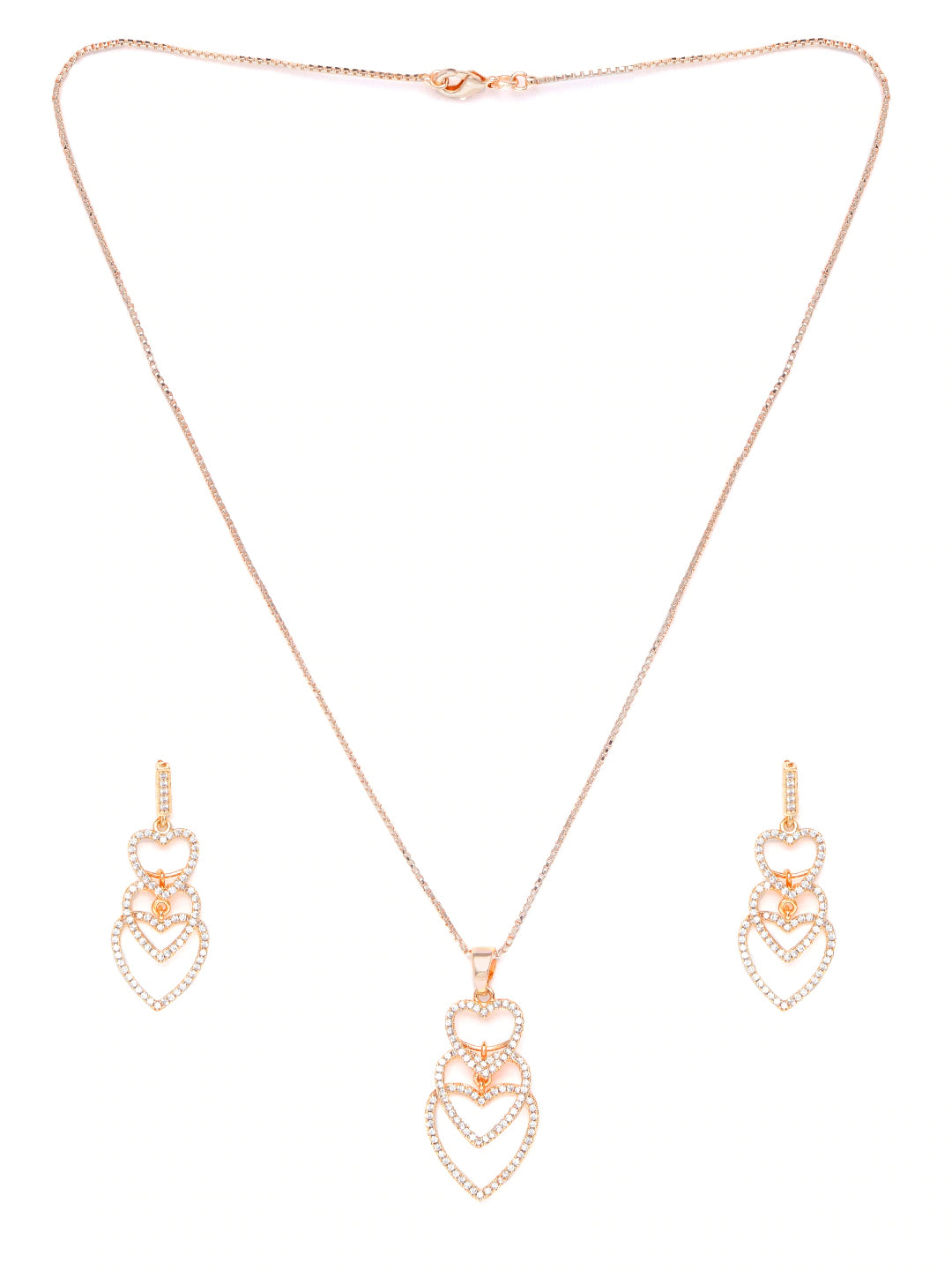 Rose Gold-Plated AD Studded Heart Shaped Pendant with Chain & Earrings