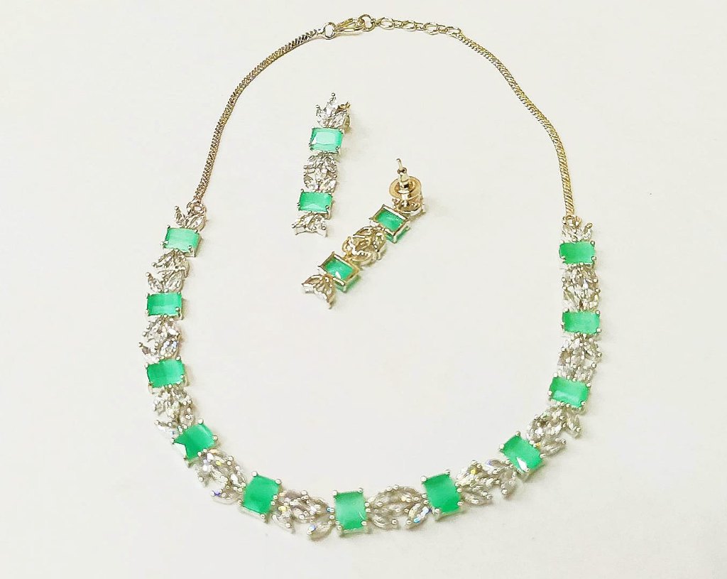 Mint Green Stone Studded Silver Plated American diamond Necklace Set