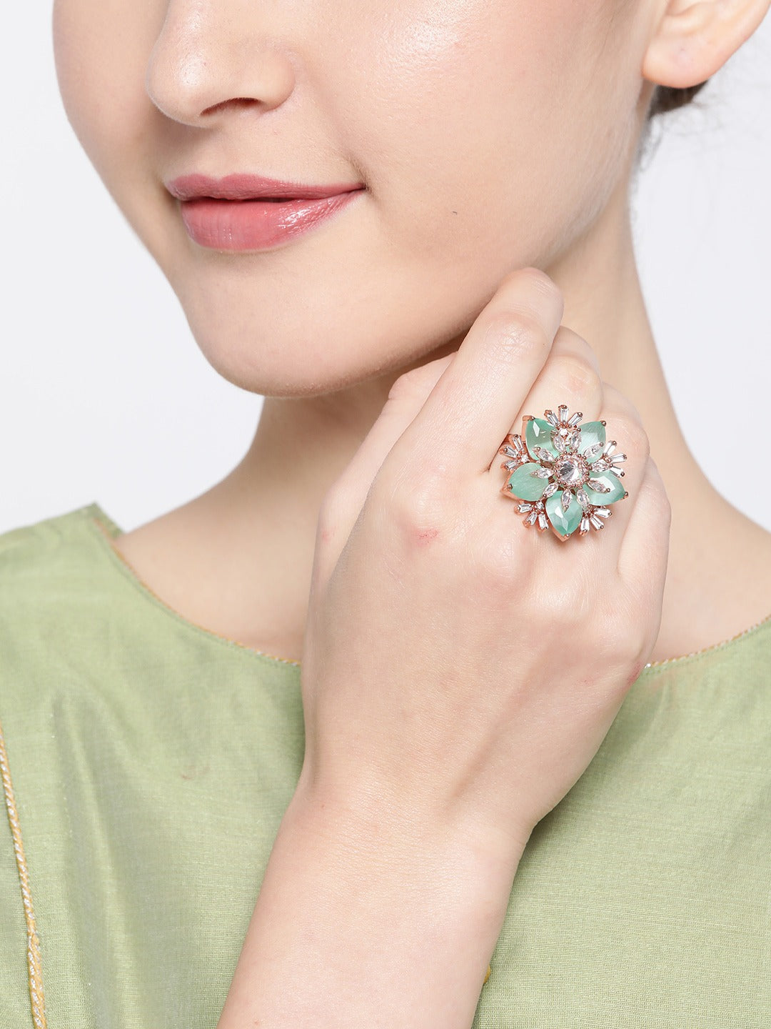 Women Green Rose Gold Plated AD Studded Handcrafted Adjustable Finger Ring