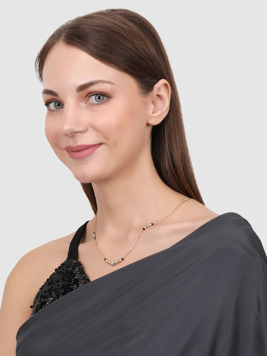 Gold-Plated Beaded & AD-Studded Mangalsutra