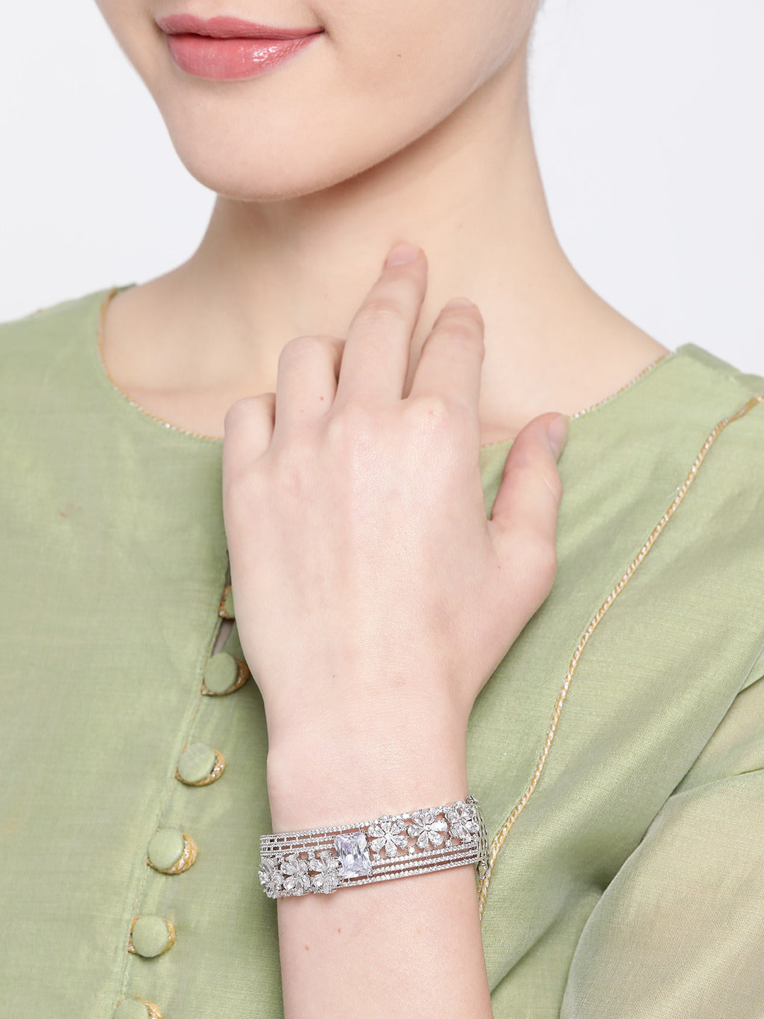 Silver-Plated Handcrafted AD-Studded Bangle-Style Bracelet