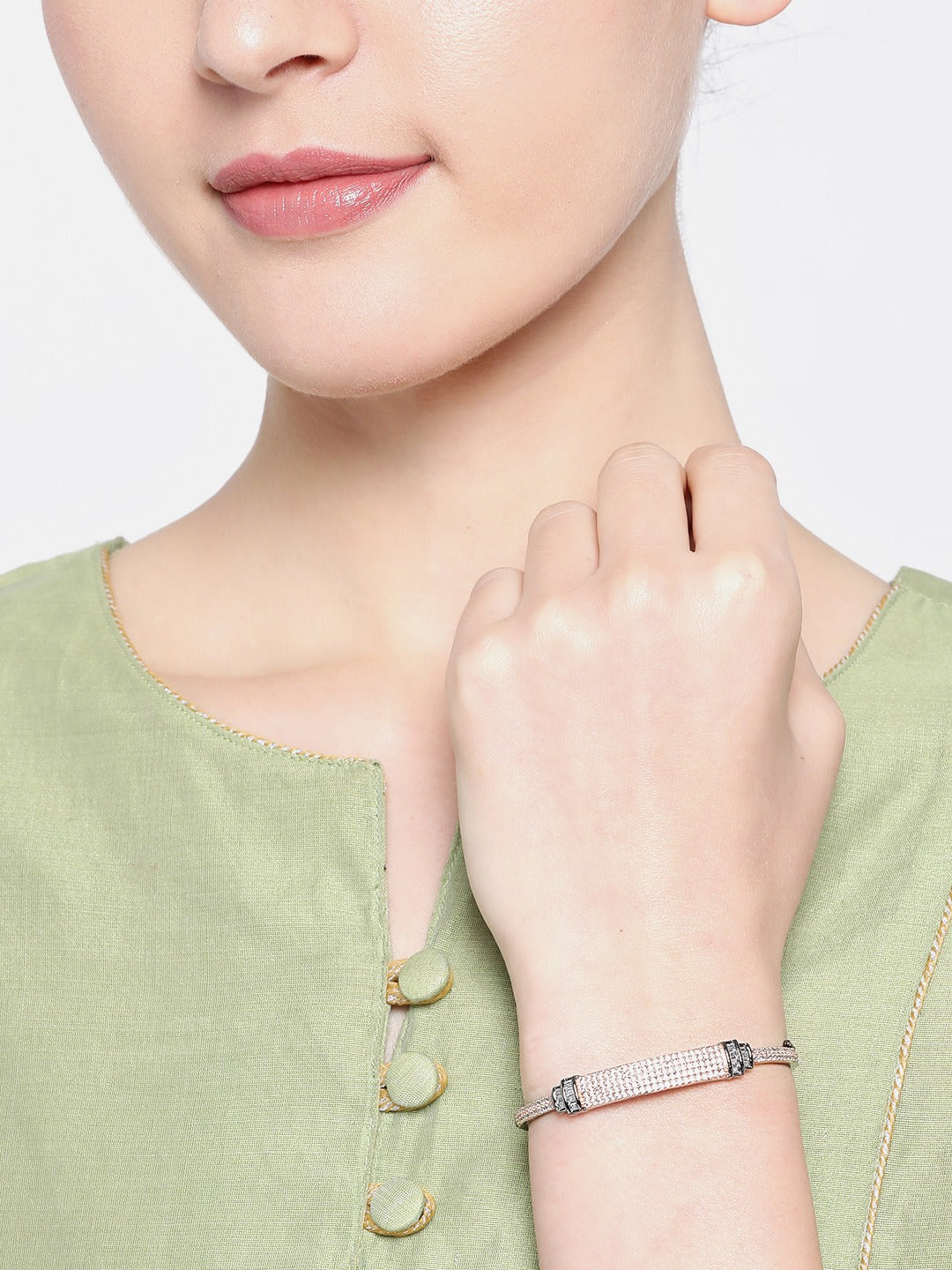 Women Gunmetal-Toned AD Studded Handcrafted Bangle Style Bracelet