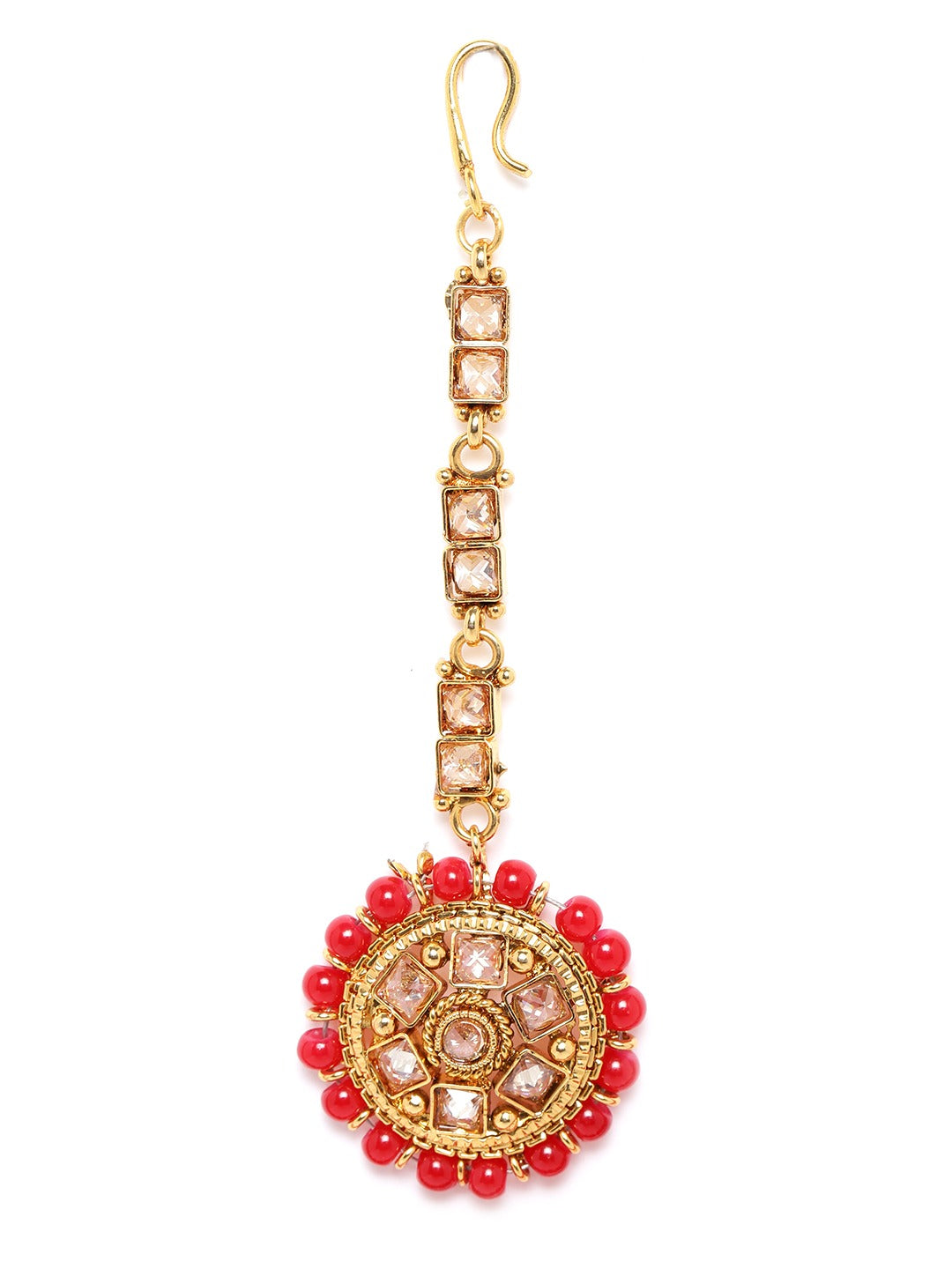 Red Gold Plated CZ Studded & Beaded Jewellery Set