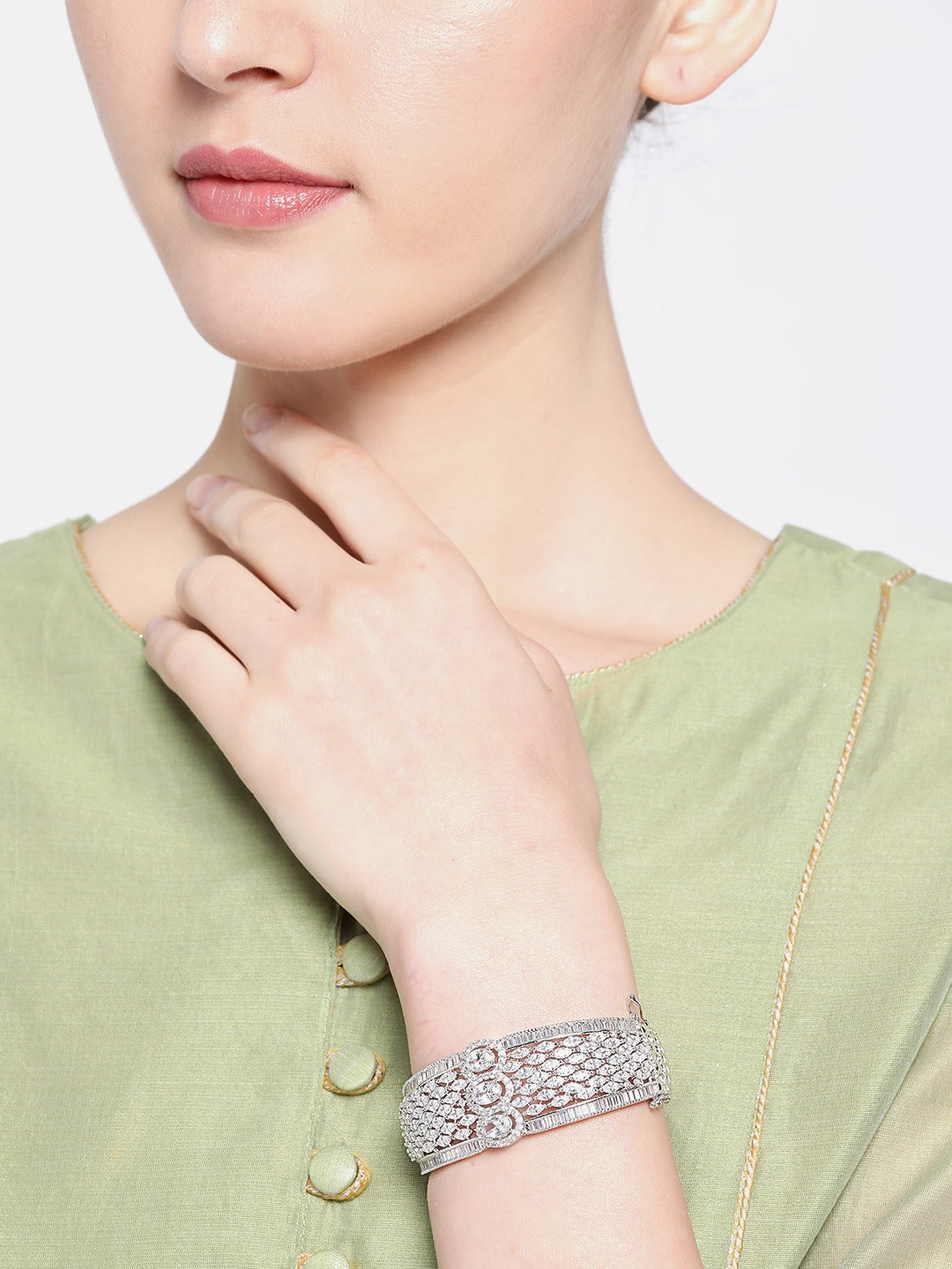 Women Silver- Plated AD Stone Studded Handcrafted Bangle Style Bracelet