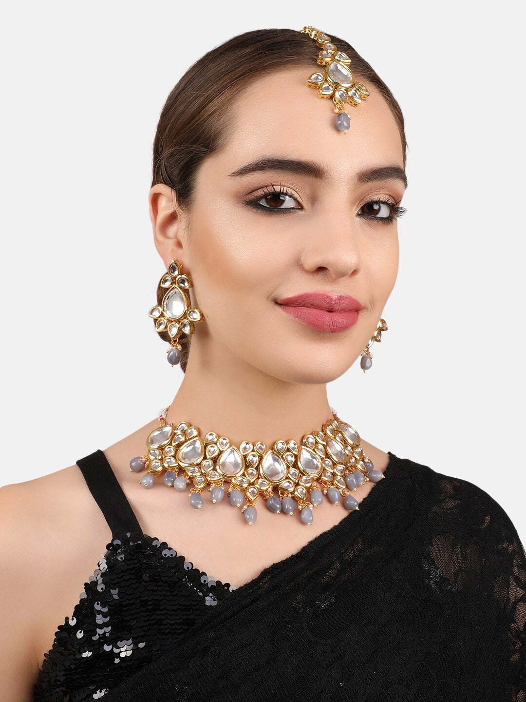 Gold-Plated Grey & White Kundan Studded Jewellery Set