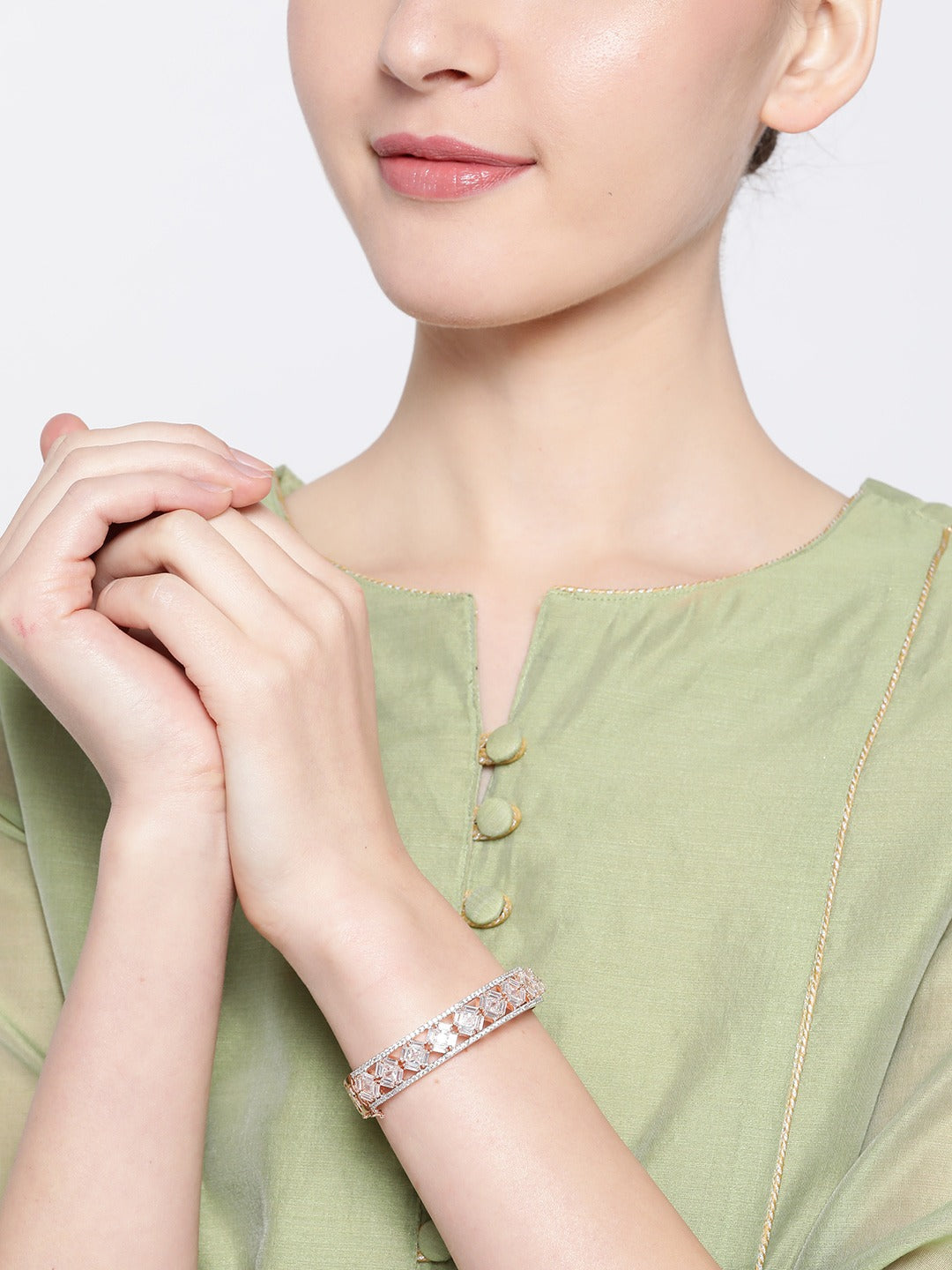 Rose Gold-Plated Handcrafted AD-Studded Bangle-Style Bracelet