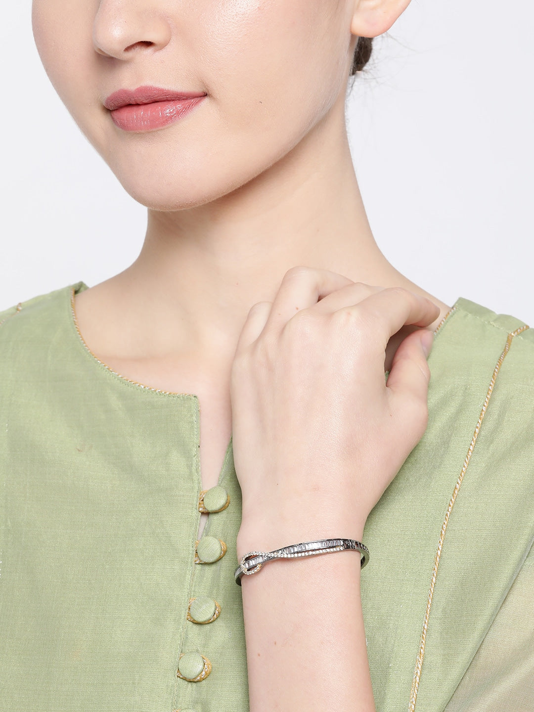 Women White Brass American Diamond Handcrafted Rhodium-Plated Kada Bracelet