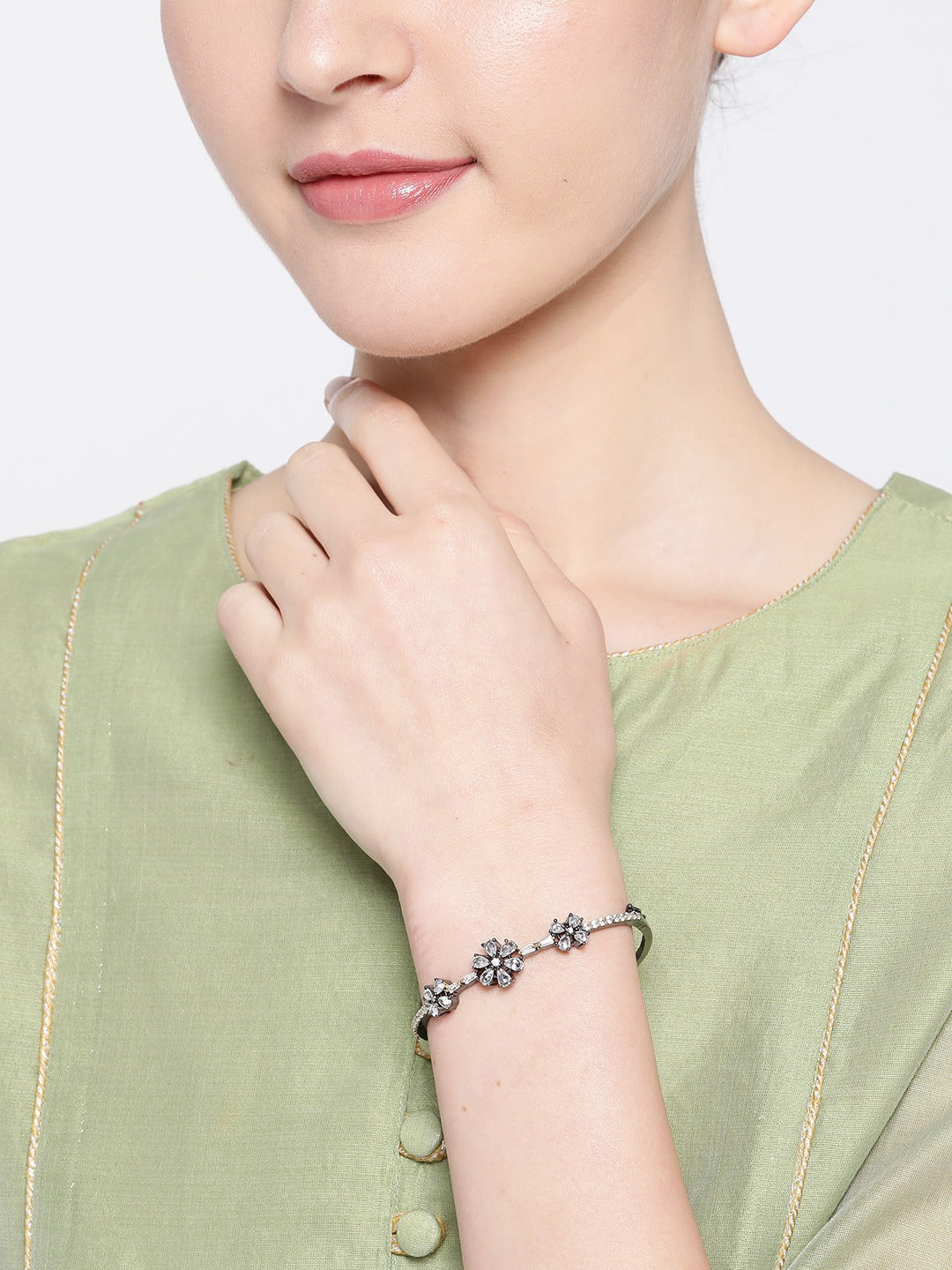 Women White Brass Handcrafted Rhodium-Plated Kada Bracelet